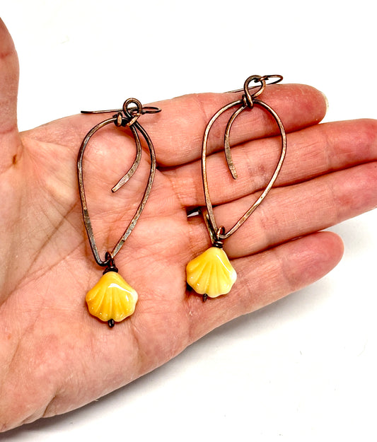HANDMADE Vintage Resin Shell Wire Wrapped Copper Bold Statement Earrings, Artisan Gift for Her Woman