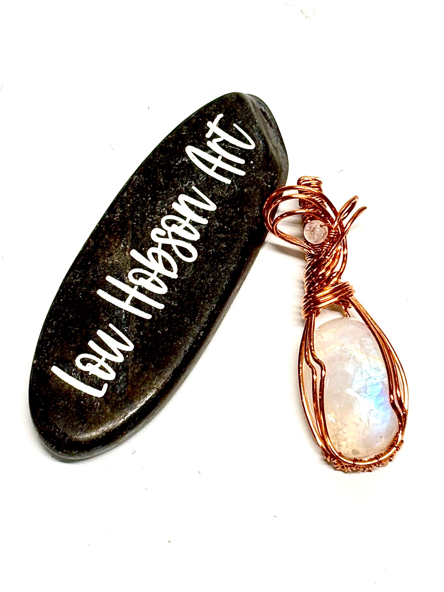 HANDMADE Moonstone Wire Wrapped Copper Feminine Pendant, Artisan Jewelry Gift for Her