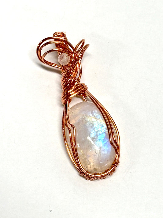 HANDMADE Moonstone Wire Wrapped Copper Feminine Pendant, Artisan Jewelry Gift for Her