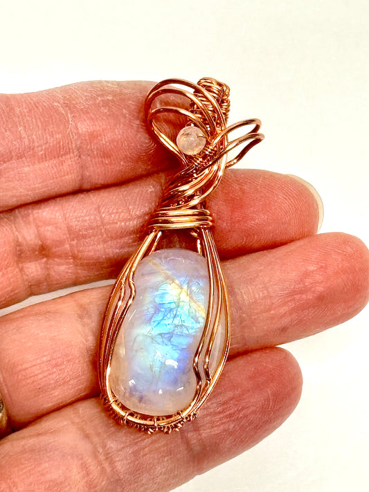 HANDMADE Moonstone Wire Wrapped Copper Feminine Pendant, Artisan Jewelry Gift for Her