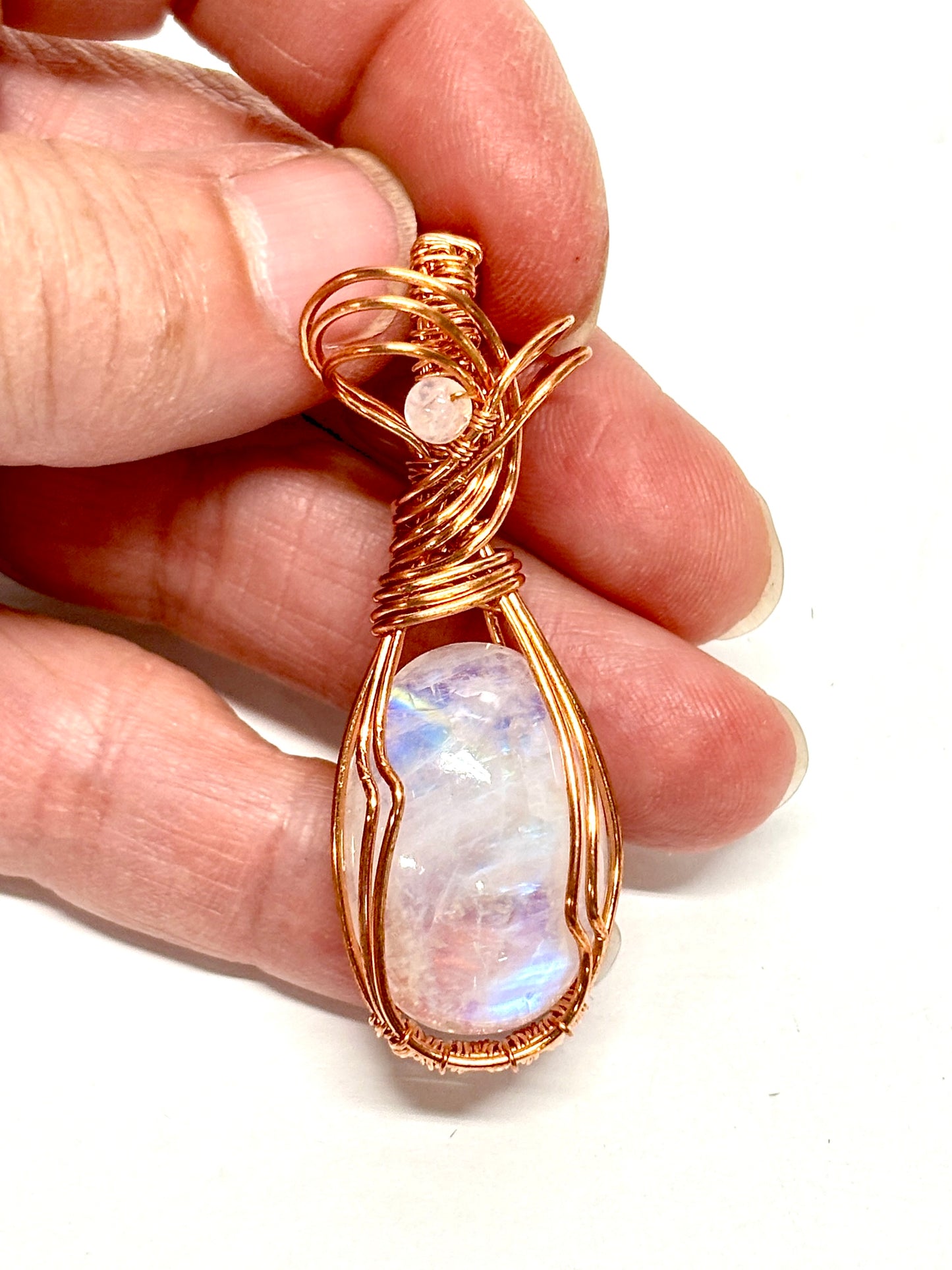 HANDMADE Moonstone Wire Wrapped Copper Feminine Pendant, Artisan Jewelry Gift for Her