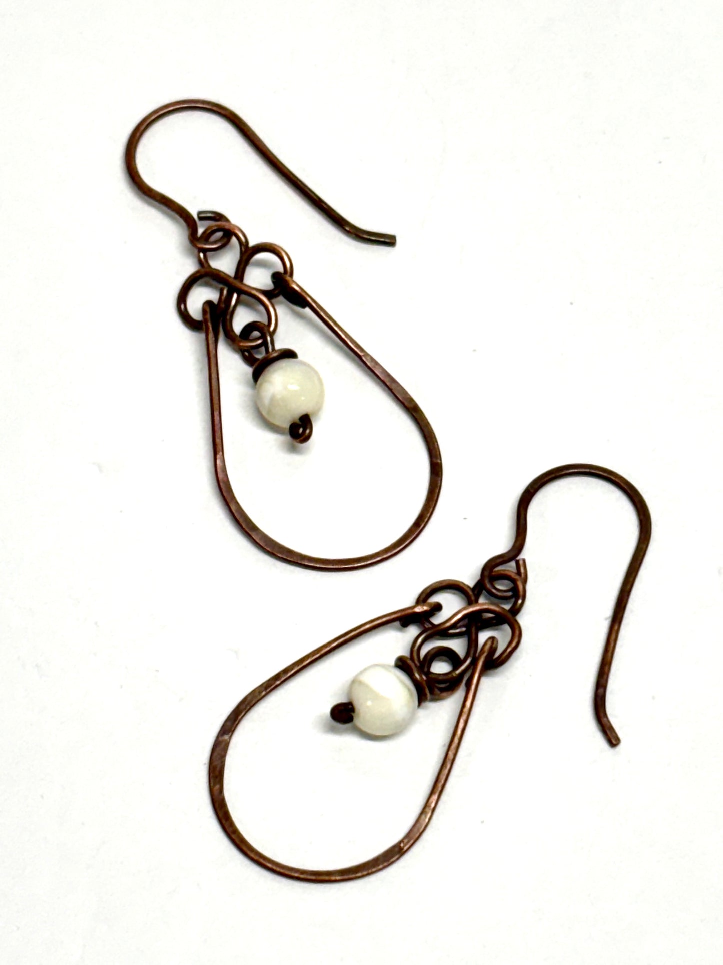 HANDMADE Vintage Mother of Pearl Wire Wrapped Copper Dangle Earrings, Artisan Gift for Mom Her