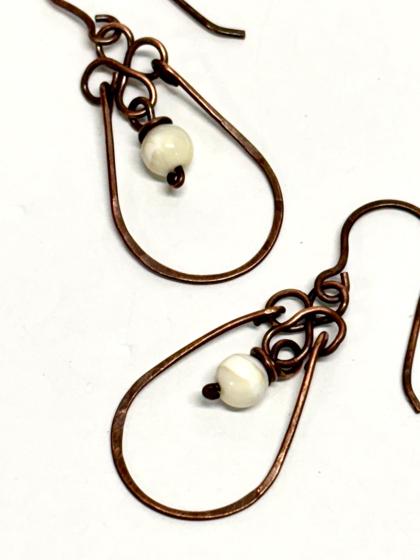HANDMADE Vintage Mother of Pearl Wire Wrapped Copper Dangle Earrings, Artisan Gift for Mom Her