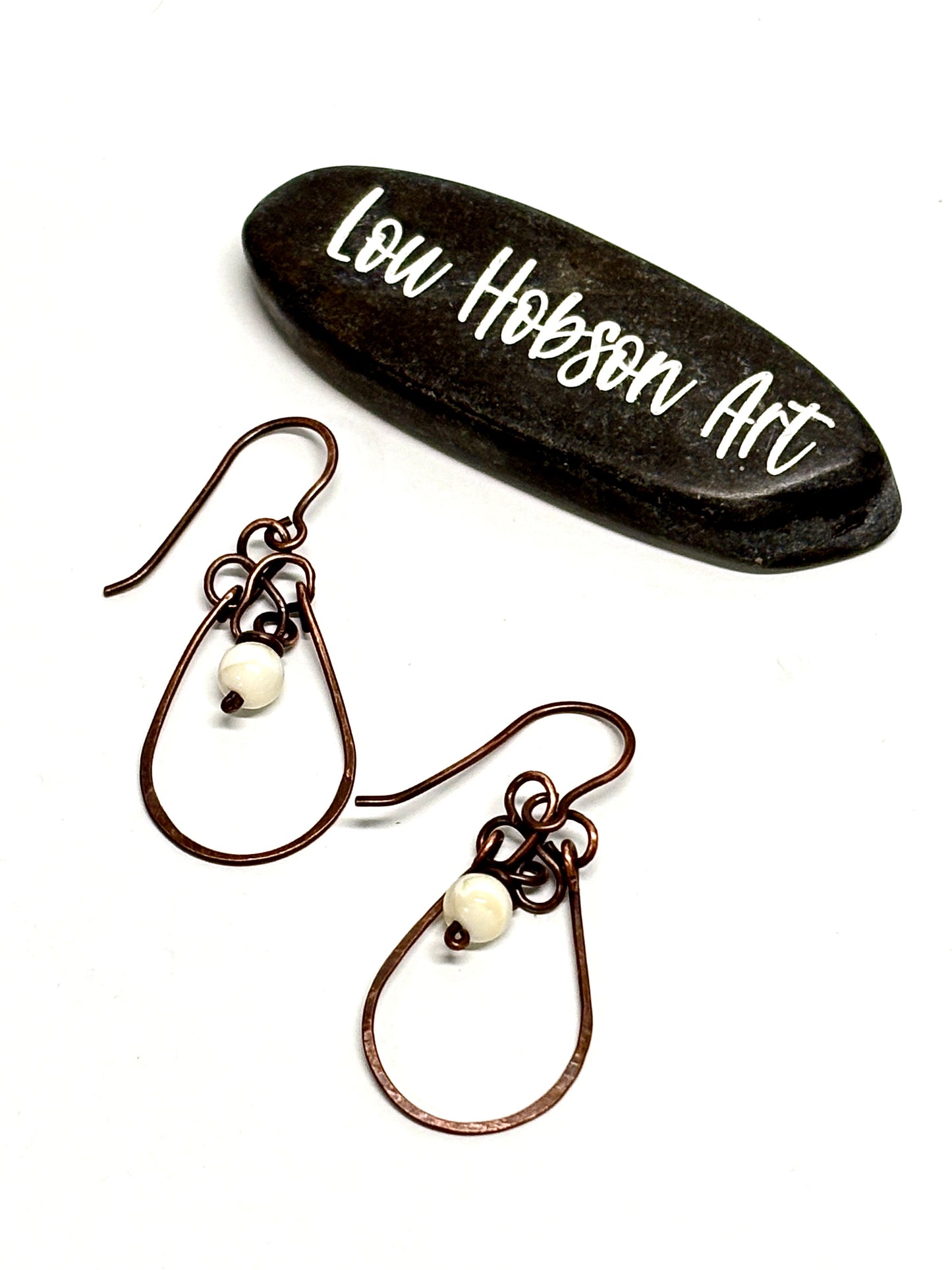 HANDMADE Vintage Mother of Pearl Wire Wrapped Copper Dangle Earrings, Artisan Gift for Mom Her