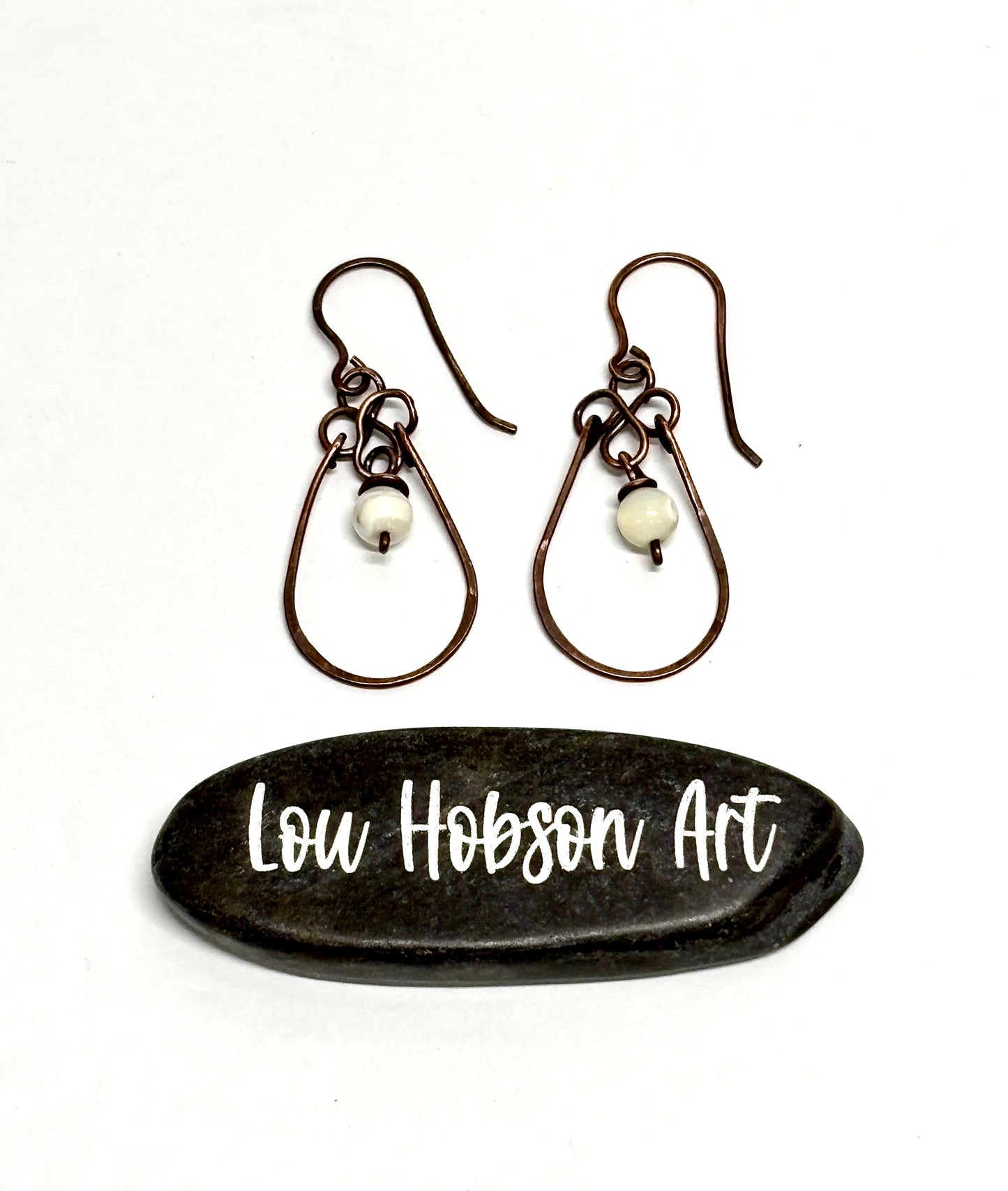 HANDMADE Vintage Mother of Pearl Wire Wrapped Copper Dangle Earrings, Artisan Gift for Mom Her