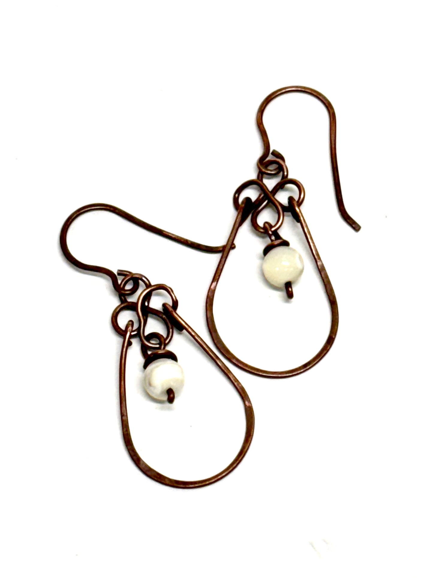 HANDMADE Vintage Mother of Pearl Wire Wrapped Copper Dangle Earrings, Artisan Gift for Mom Her