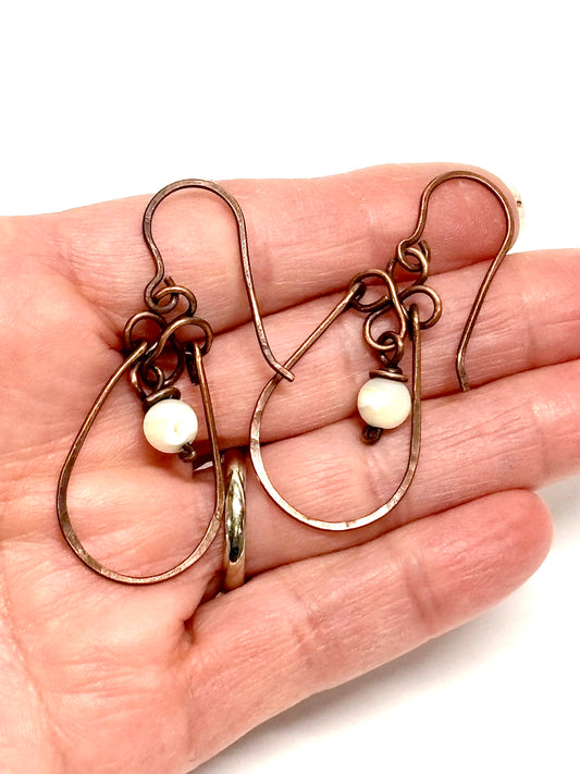 HANDMADE Vintage Mother of Pearl Wire Wrapped Copper Dangle Earrings, Artisan Gift for Mom Her