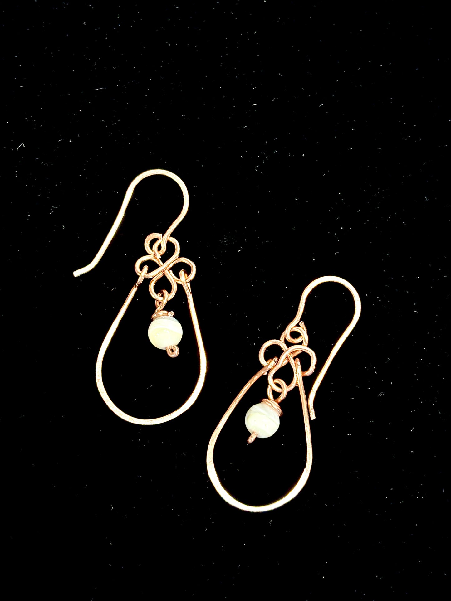 HANDMADE Vintage Mother of Pearl Wire Wrapped Copper Dangle Earrings, Artisan Gift for Mom Her