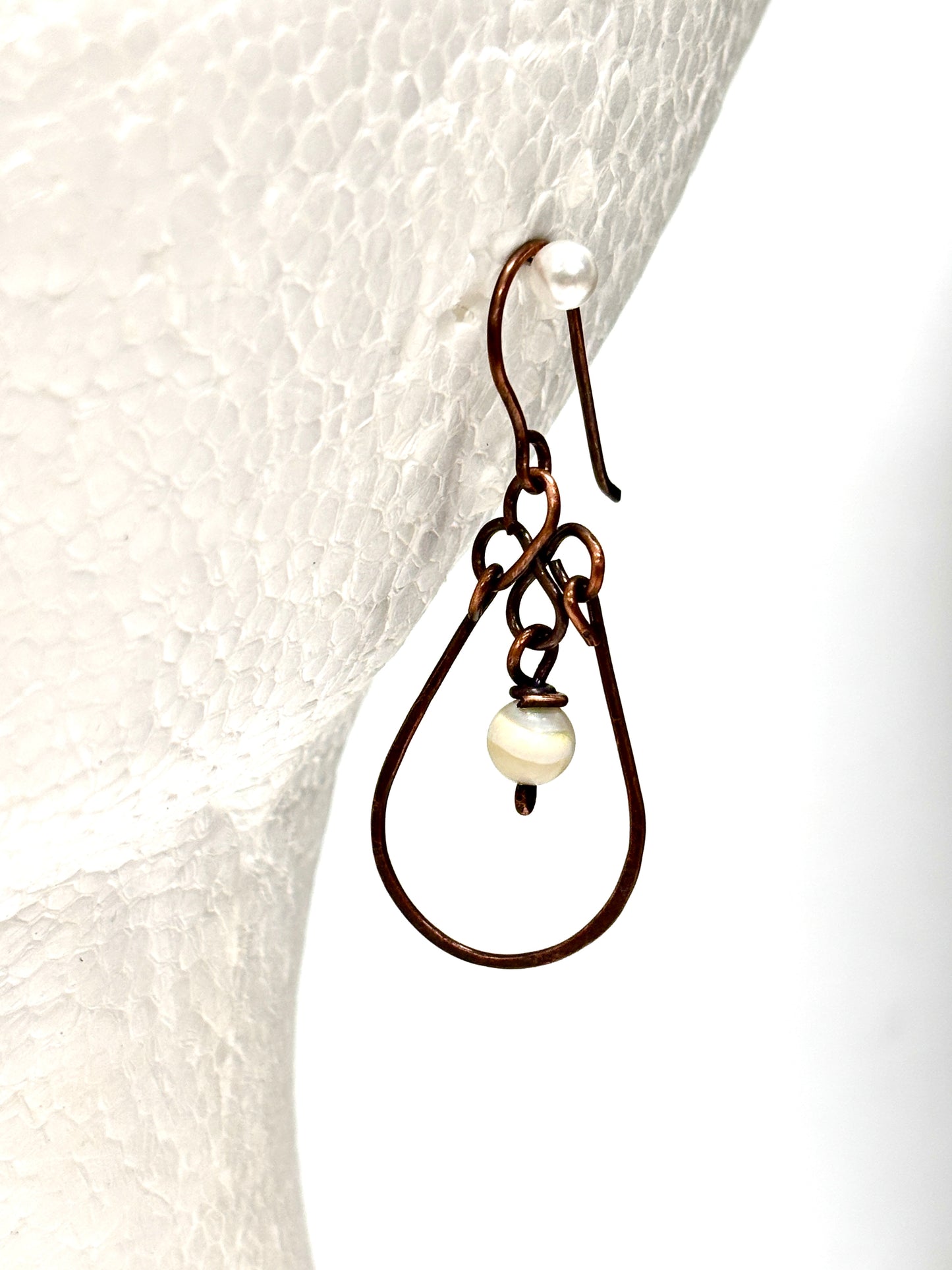 HANDMADE Vintage Mother of Pearl Wire Wrapped Copper Dangle Earrings, Artisan Gift for Mom Her