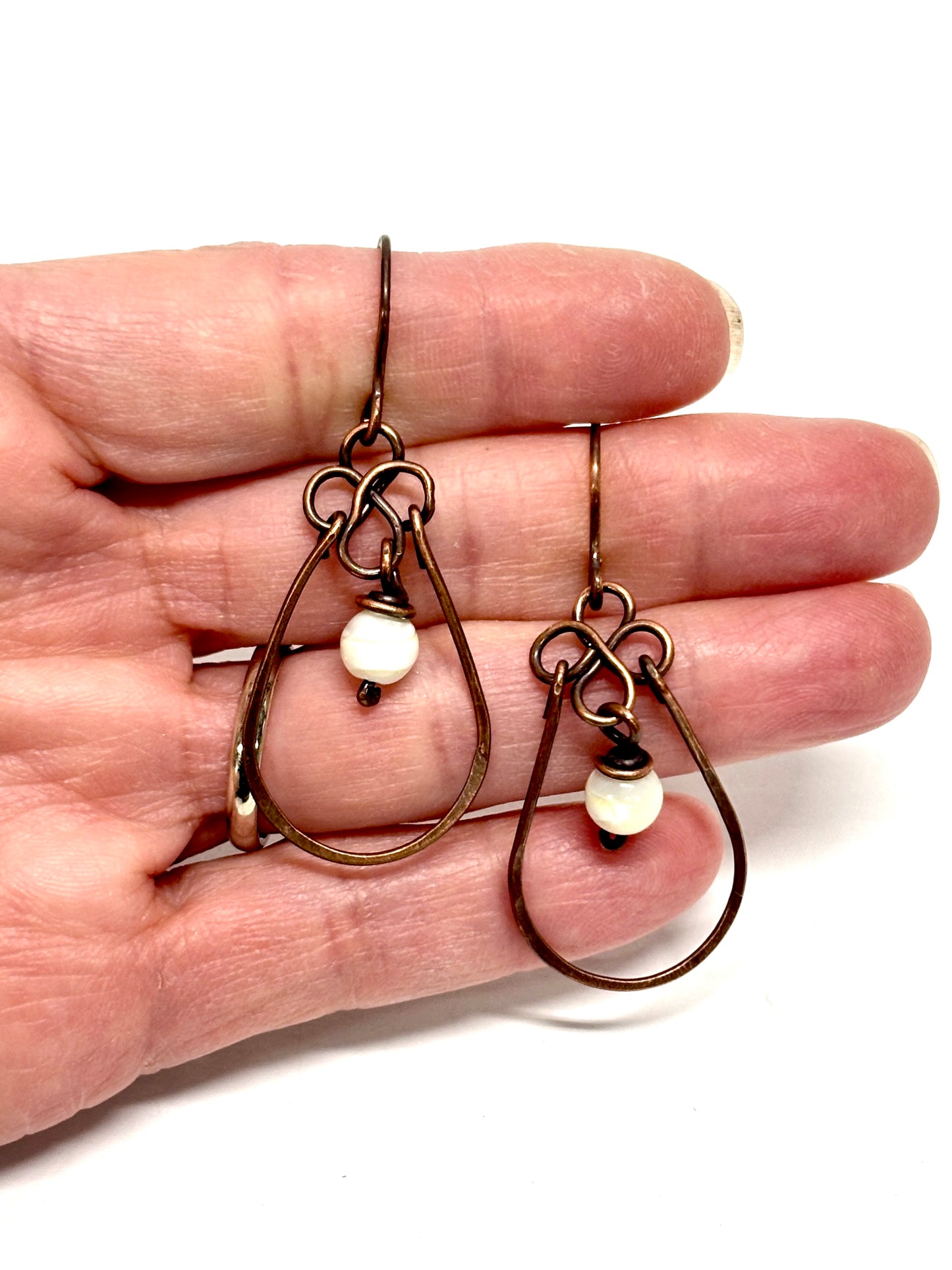 HANDMADE Vintage Mother of Pearl Wire Wrapped Copper Dangle Earrings, Artisan Gift for Mom Her