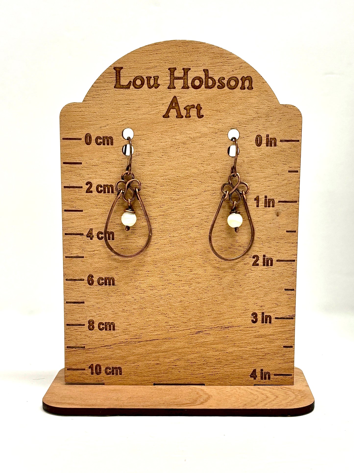 HANDMADE Vintage Mother of Pearl Wire Wrapped Copper Dangle Earrings, Artisan Gift for Mom Her
