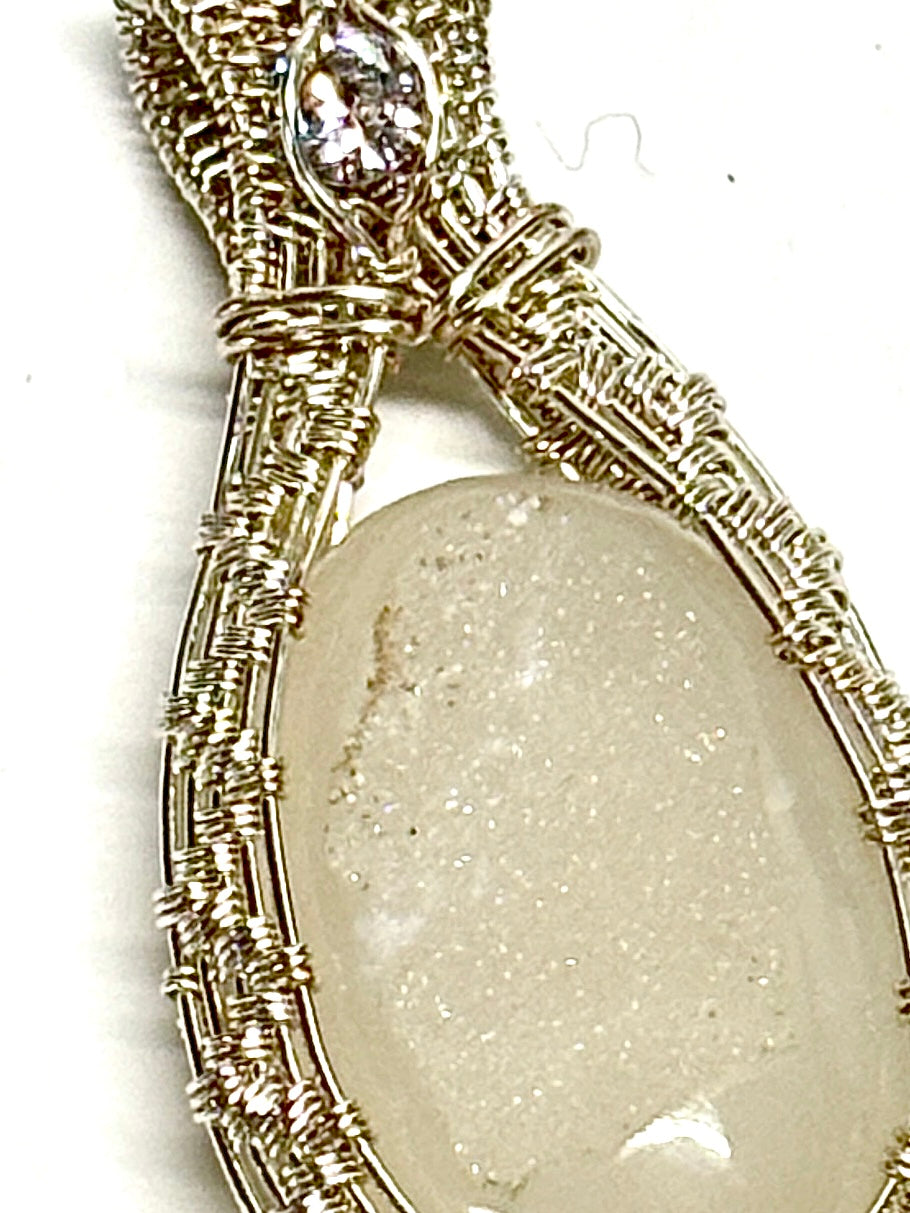 HANDMADE Druzy Agate and Cubic Zirconia Wire Wrapped Silver Plated Copper Statement Pendant, Artisan Gift for Her woman