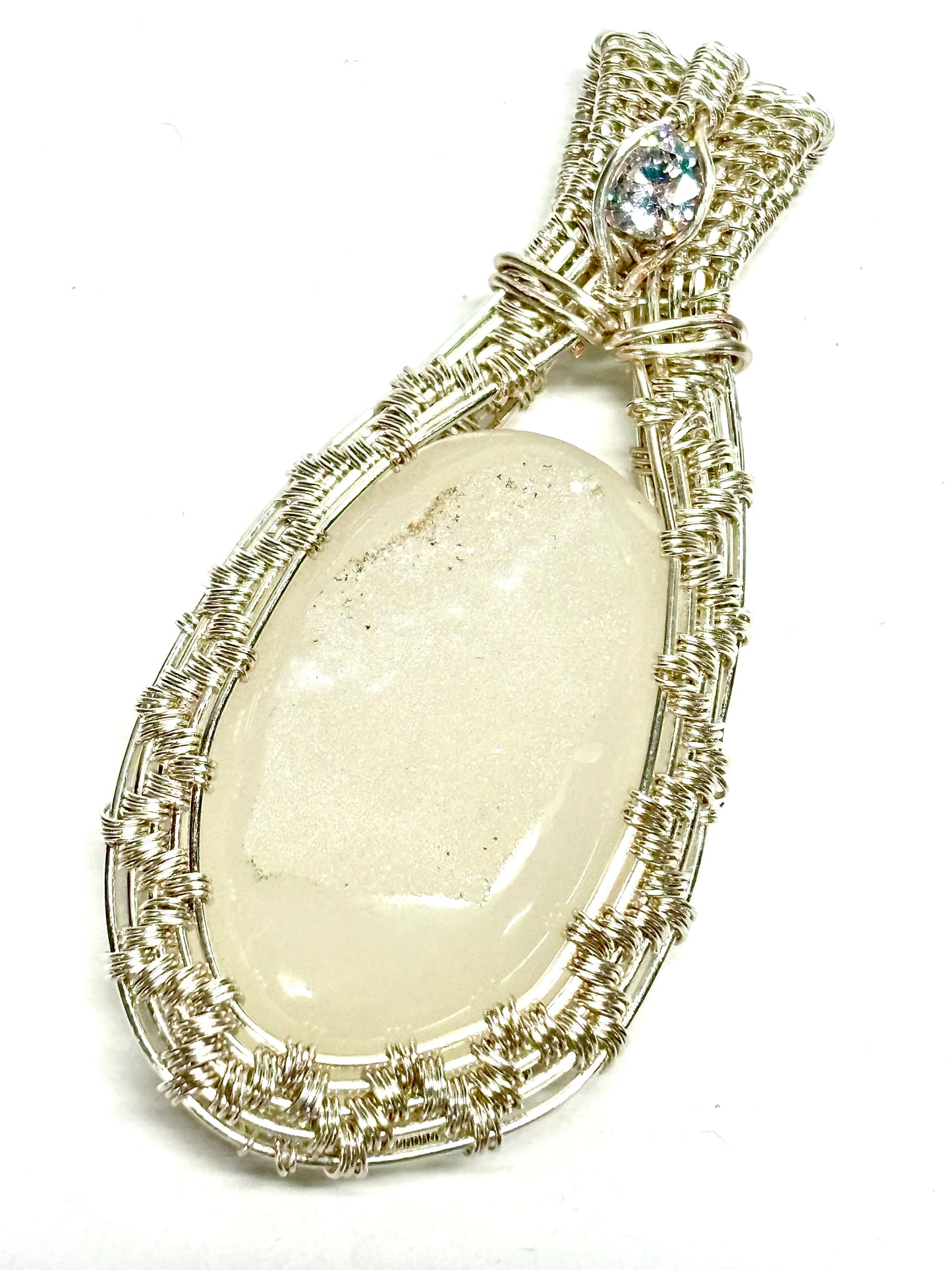 HANDMADE Druzy Agate and Cubic Zirconia Wire Wrapped Silver Plated Copper Statement Pendant, Artisan Gift for Her woman