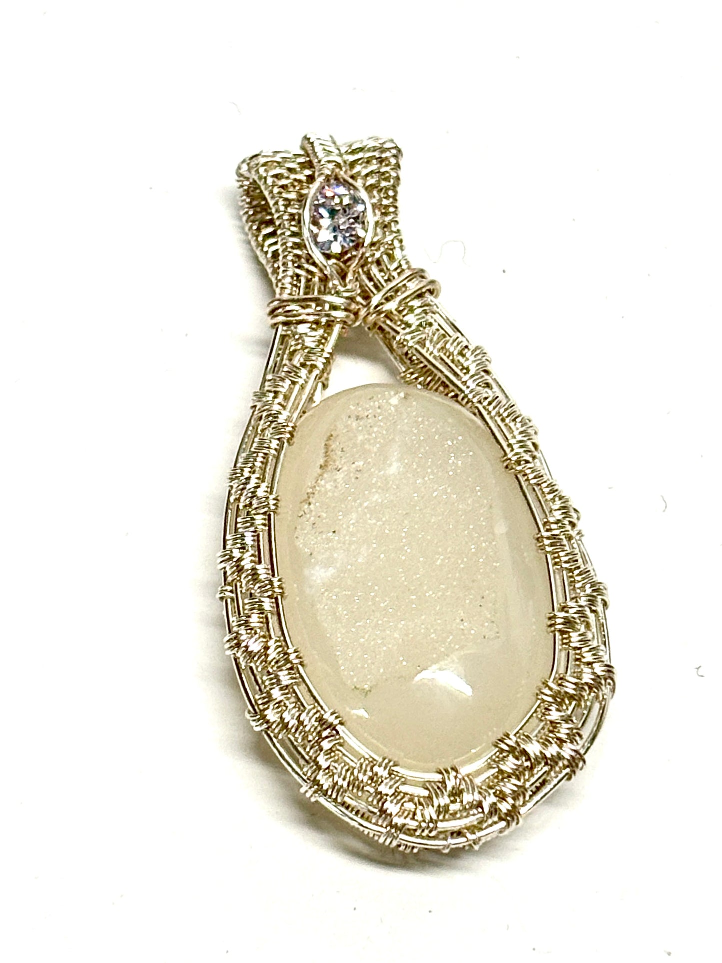 HANDMADE Druzy Agate and Cubic Zirconia Wire Wrapped Silver Plated Copper Statement Pendant, Artisan Gift for Her woman