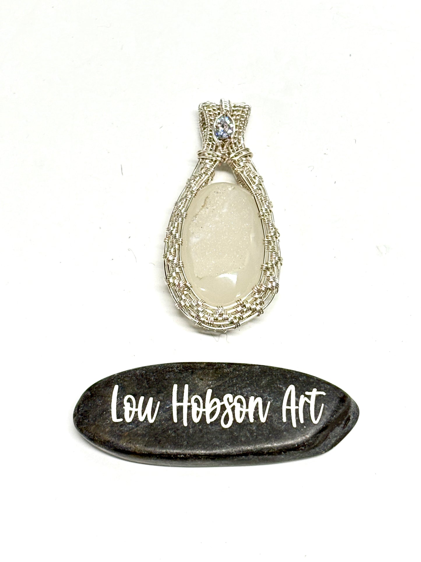 HANDMADE Druzy Agate and Cubic Zirconia Wire Wrapped Silver Plated Copper Statement Pendant, Artisan Gift for Her woman
