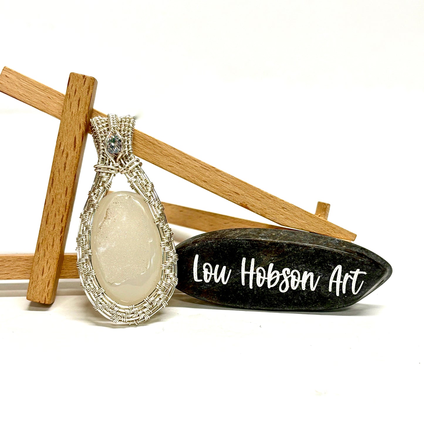 HANDMADE Druzy Agate and Cubic Zirconia Wire Wrapped Silver Plated Copper Statement Pendant, Artisan Gift for Her woman