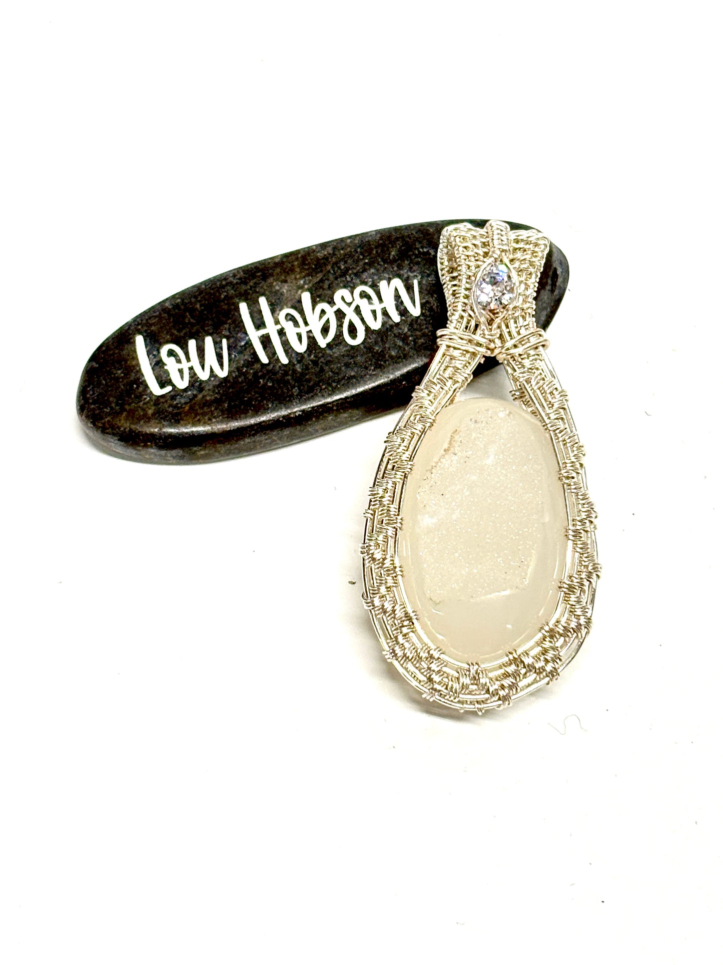 HANDMADE Druzy Agate and Cubic Zirconia Wire Wrapped Silver Plated Copper Statement Pendant, Artisan Gift for Her woman