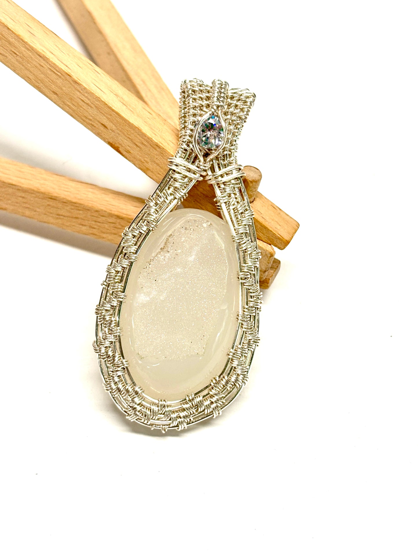 HANDMADE Druzy Agate and Cubic Zirconia Wire Wrapped Silver Plated Copper Statement Pendant, Artisan Gift for Her woman