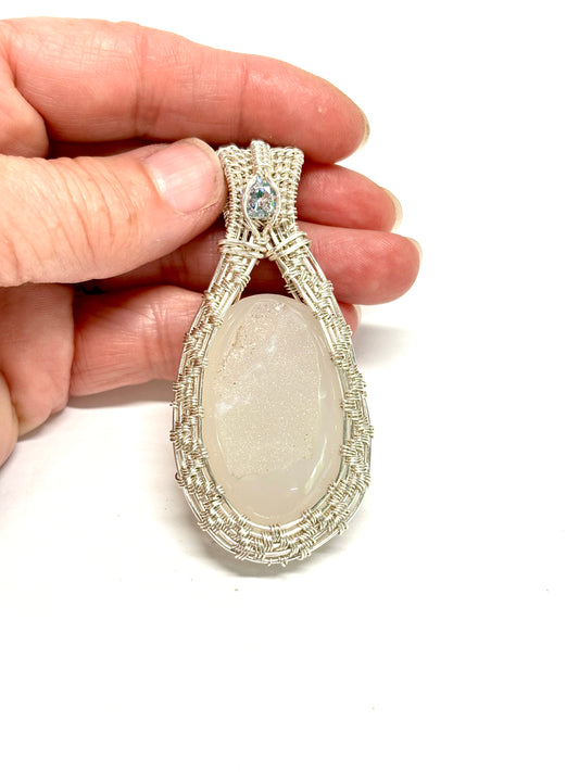 HANDMADE Druzy Agate and Cubic Zirconia Wire Wrapped Silver Plated Copper Statement Pendant, Artisan Gift for Her woman