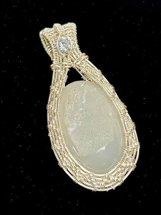 HANDMADE Druzy Agate and Cubic Zirconia Wire Wrapped Silver Plated Copper Statement Pendant, Artisan Gift for Her woman