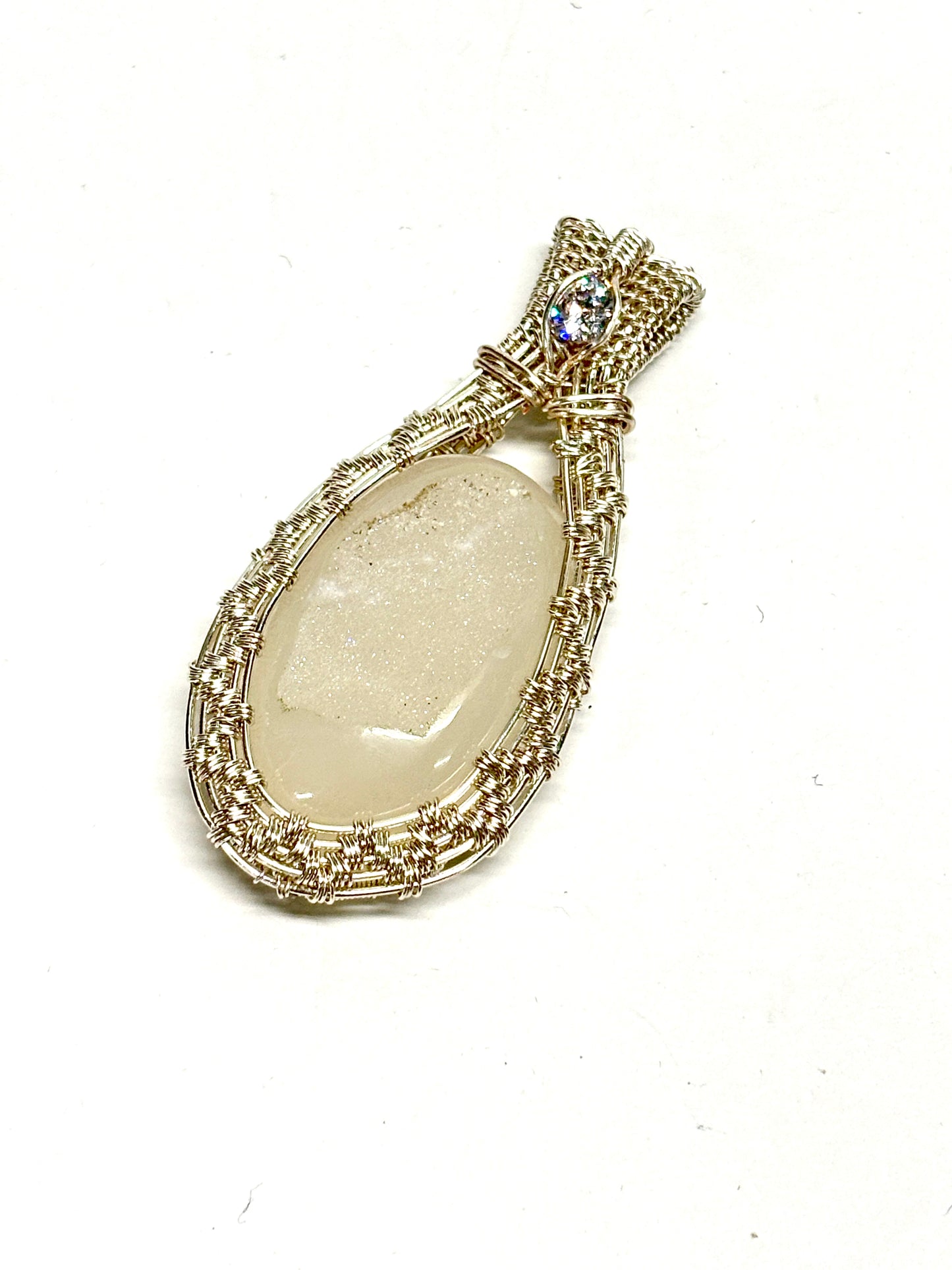 HANDMADE Druzy Agate and Cubic Zirconia Wire Wrapped Silver Plated Copper Statement Pendant, Artisan Gift for Her woman