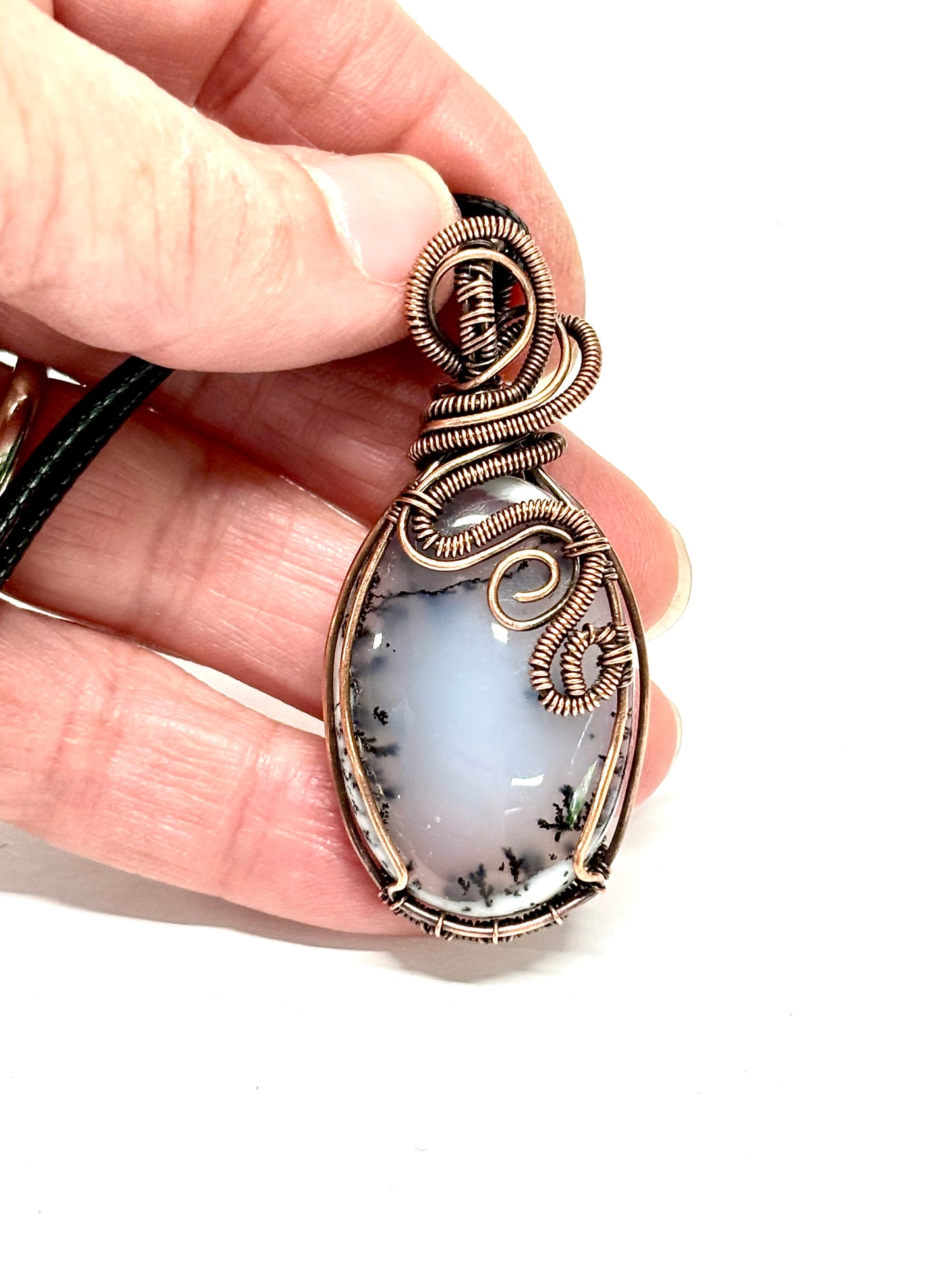 HANDMADE Dendritic Agate Wire Wrapped Copper Pendant Necklace, Artisan Jewelry gift for Her