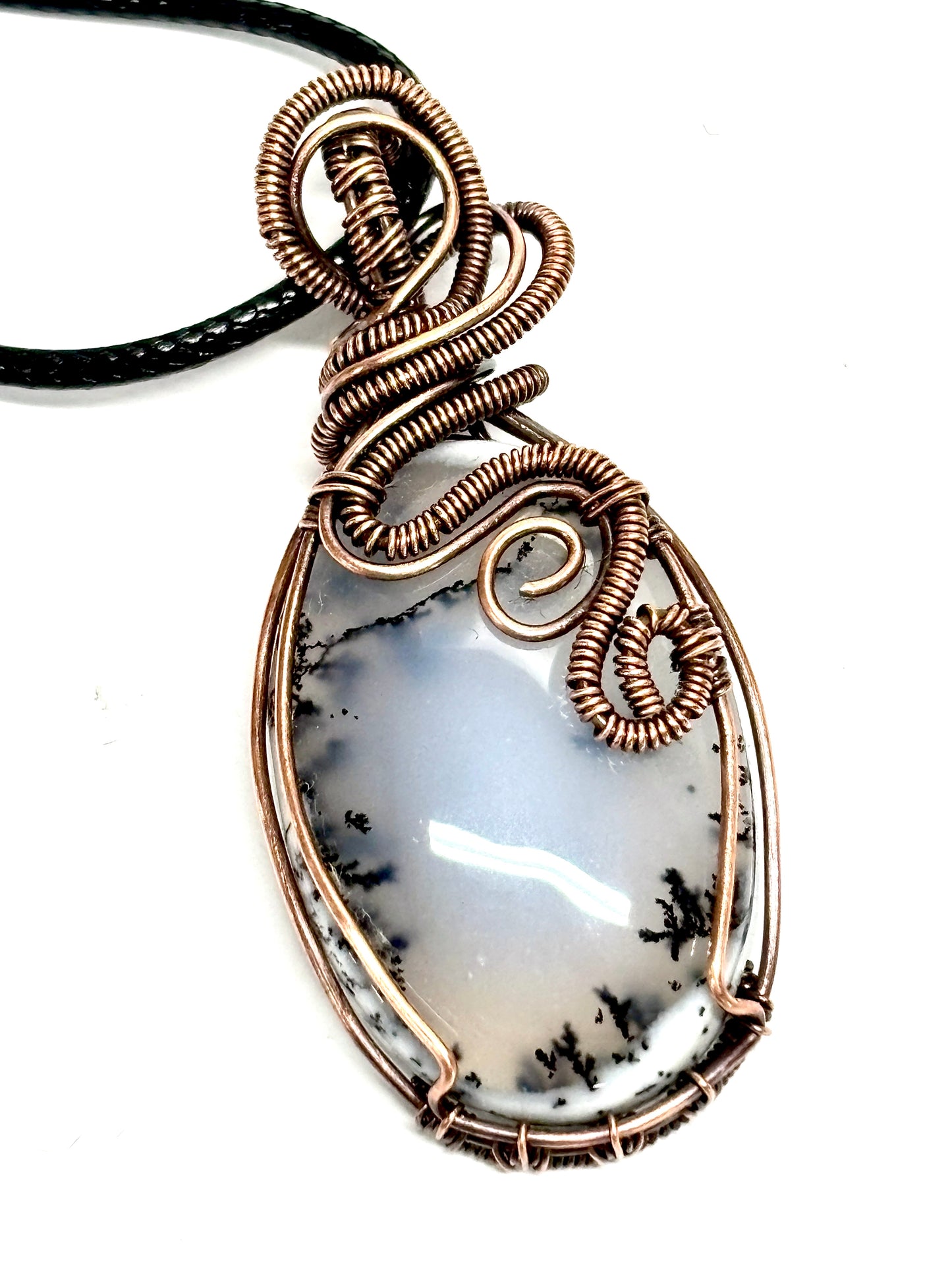 HANDMADE Dendritic Agate Wire Wrapped Copper Pendant Necklace, Artisan Jewelry gift for Her