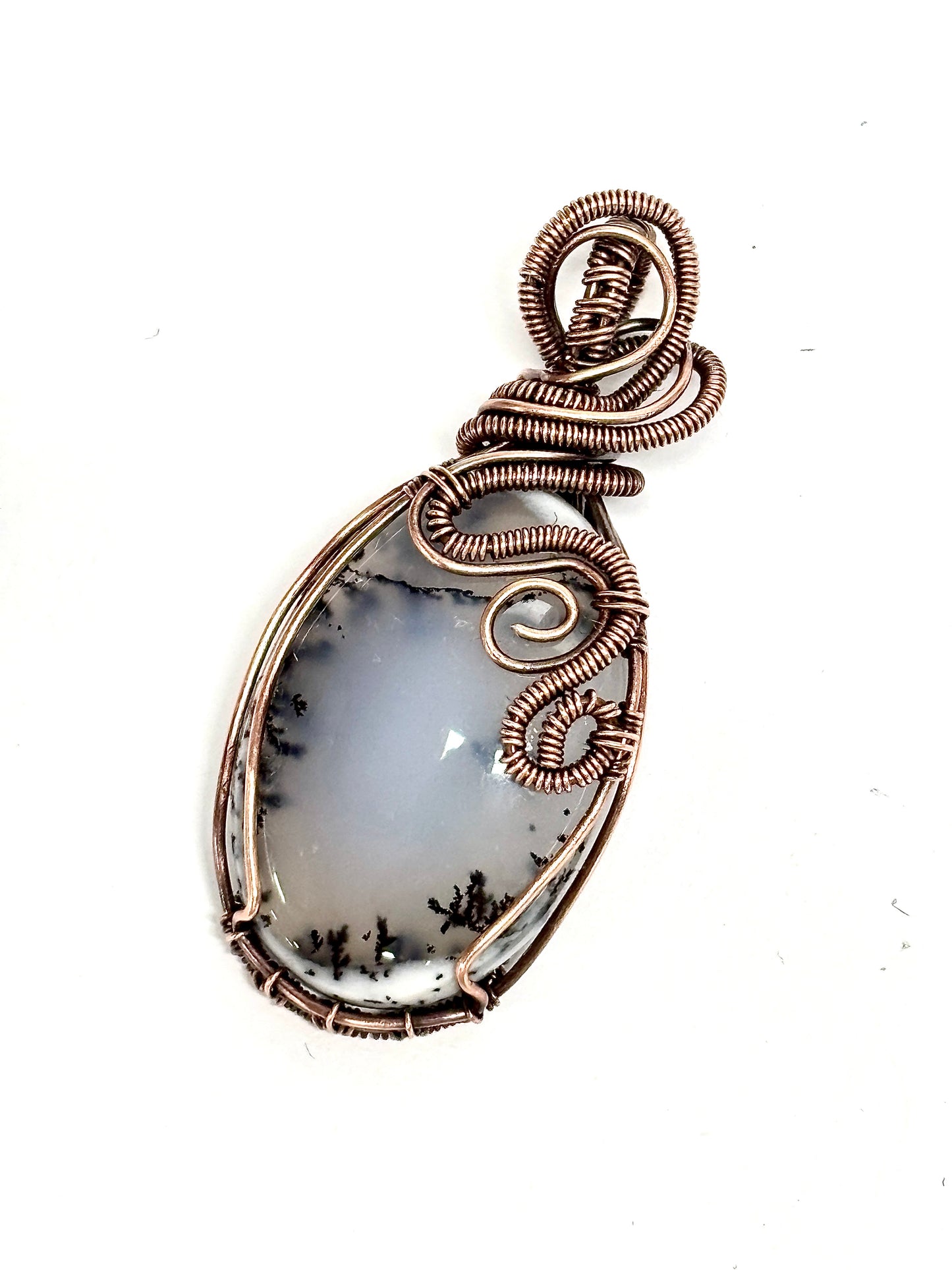 HANDMADE Dendritic Agate Wire Wrapped Copper Pendant Necklace, Artisan Jewelry gift for Her