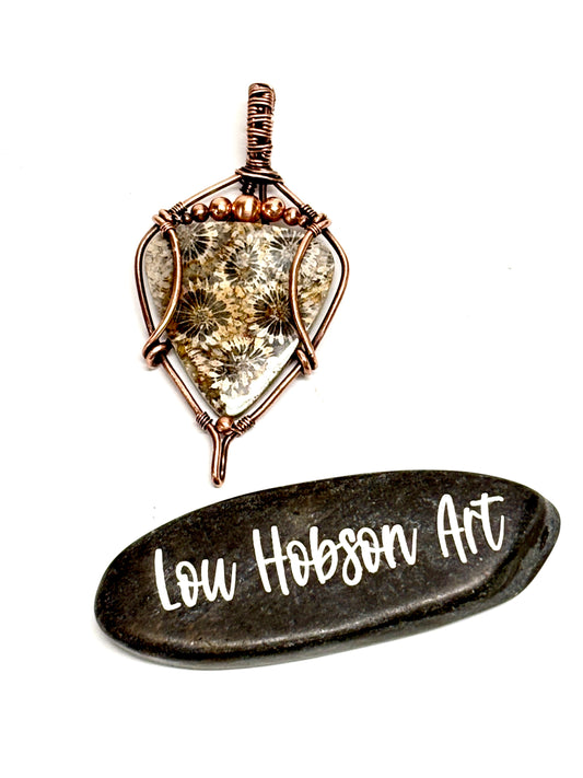 HANDMADE Coral Fossil Wire Wrapped Copper Unisex Pendant Necklace, Artisan Jewelry Gift Him or Her, Adjustable Leather Cord, Layering Choker
