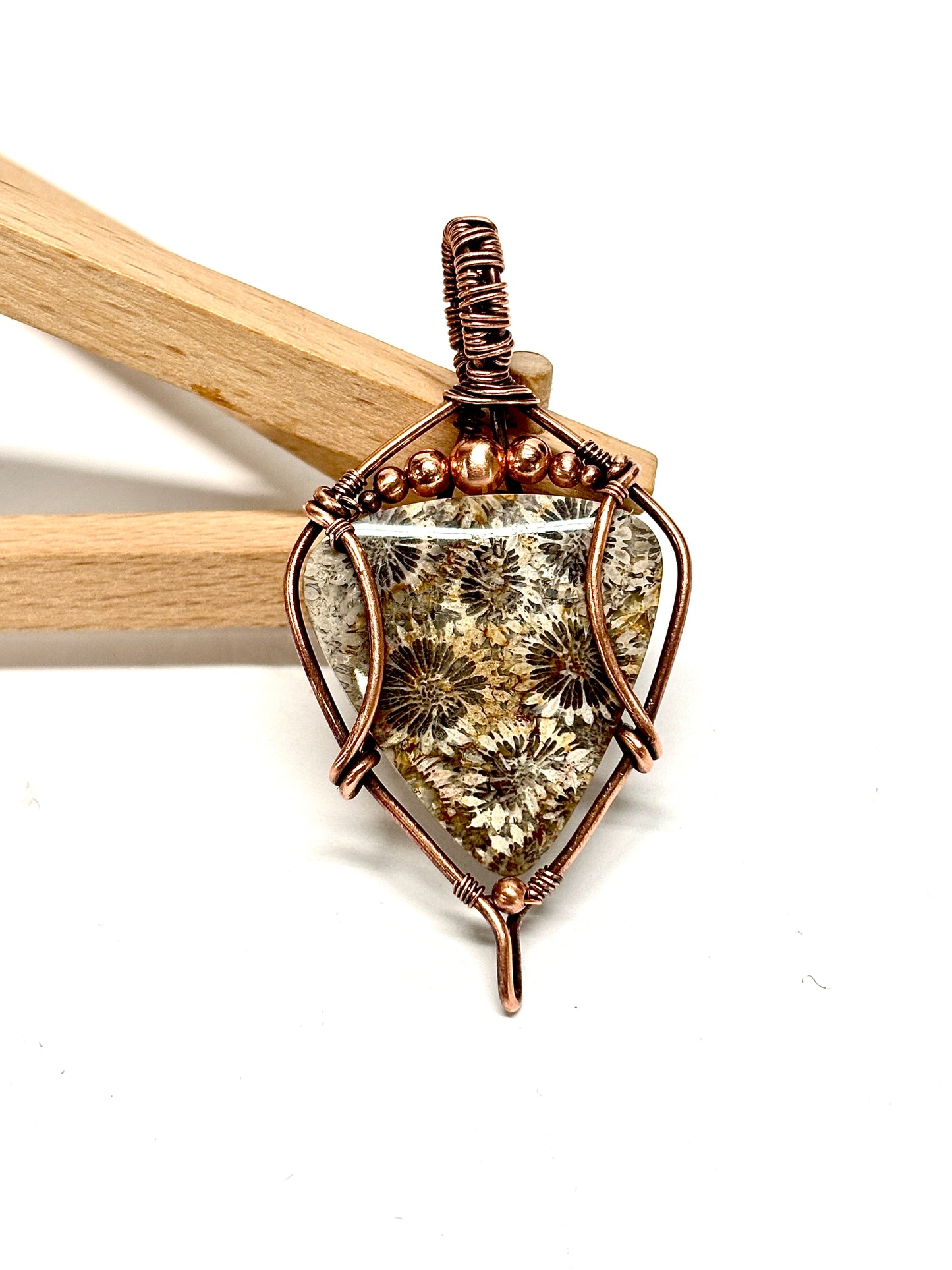 HANDMADE Coral Fossil Wire Wrapped Copper Unisex Pendant Necklace, Artisan Jewelry Gift Him or Her, Adjustable Leather Cord, Layering Choker