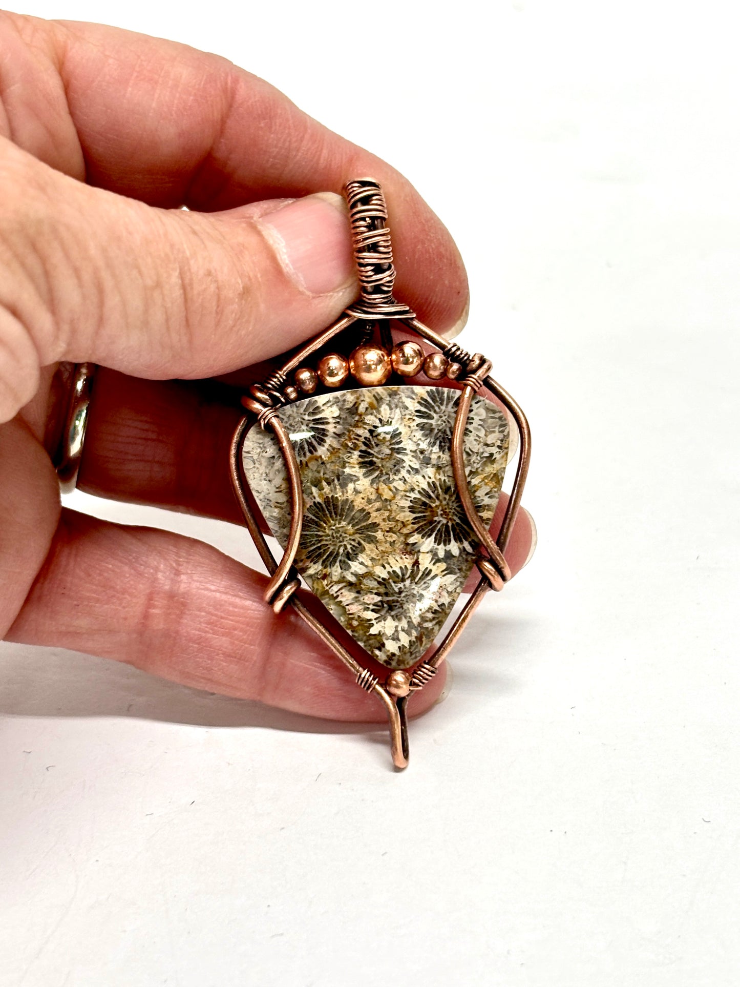 HANDMADE Coral Fossil Wire Wrapped Copper Unisex Pendant Necklace, Artisan Jewelry Gift Him or Her, Adjustable Leather Cord, Layering Choker