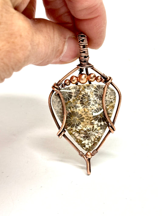 HANDMADE Coral Fossil Wire Wrapped Copper Unisex Pendant Necklace, Artisan Jewelry Gift Him or Her, Adjustable Leather Cord, Layering Choker