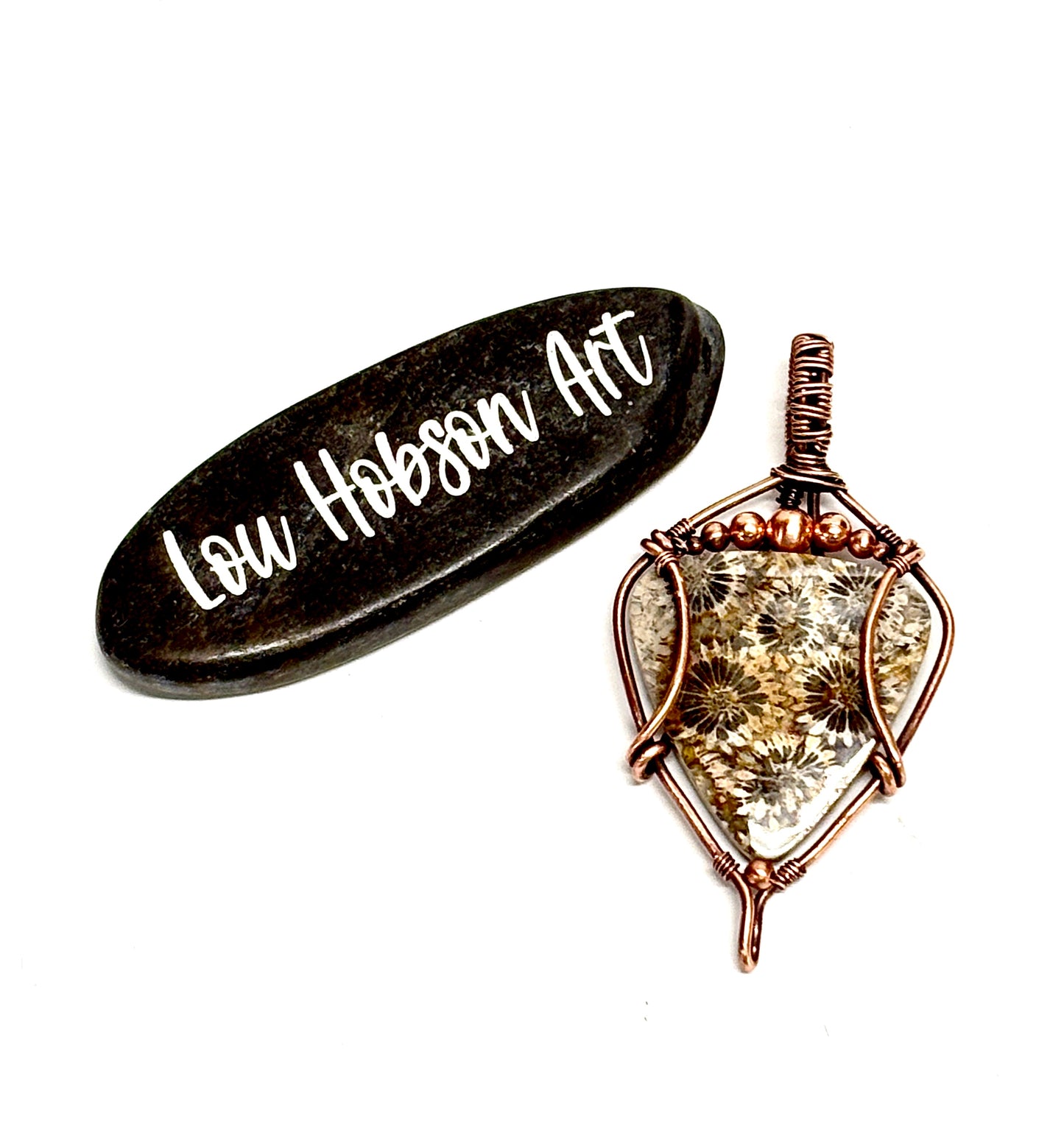 HANDMADE Coral Fossil Wire Wrapped Copper Unisex Pendant Necklace, Artisan Jewelry Gift Him or Her, Adjustable Leather Cord, Layering Choker