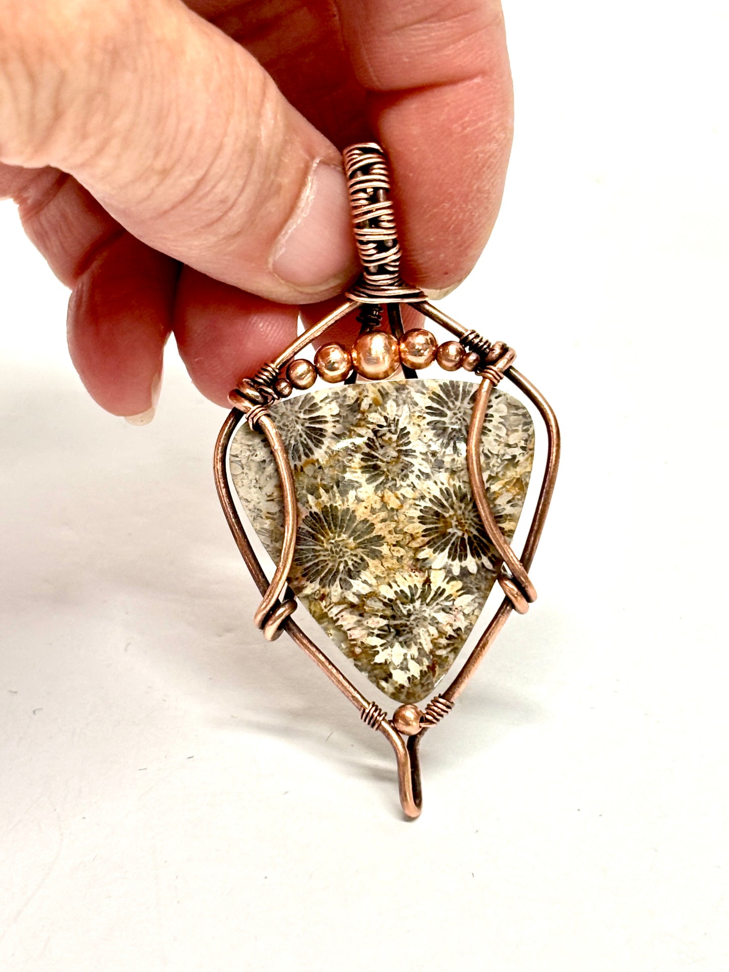 HANDMADE Coral Fossil Wire Wrapped Copper Unisex Pendant Necklace, Artisan Jewelry Gift Him or Her, Adjustable Leather Cord, Layering Choker
