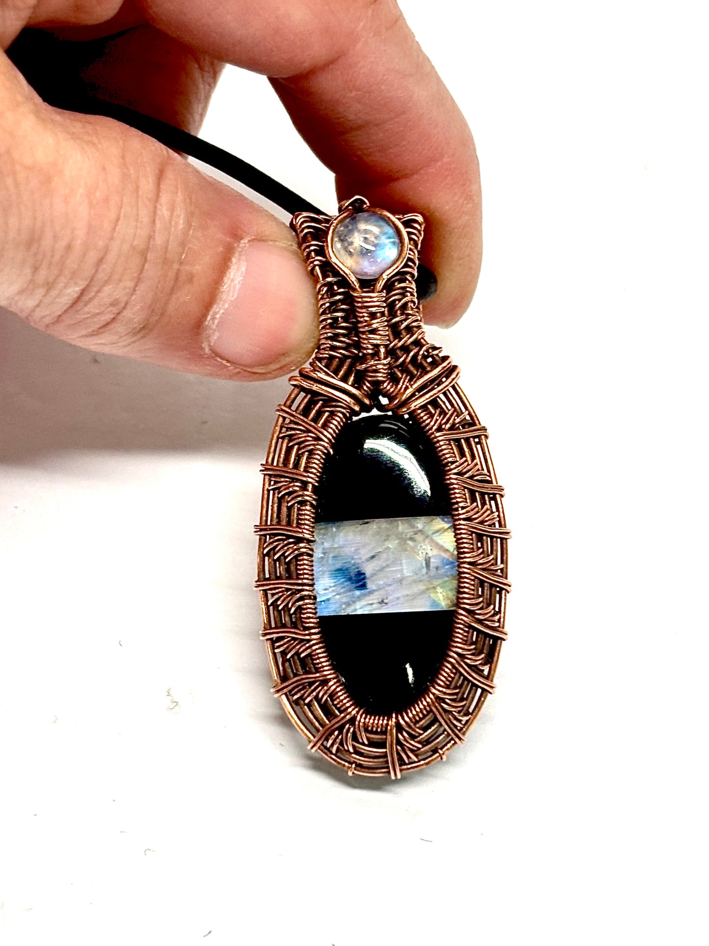 HANDMADE Moonstone Doublet Wire Wrap Copper Statement Pendant, Artisan Jewelry Gift For Her
