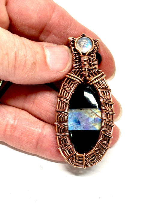 HANDMADE Moonstone Doublet Wire Wrap Copper Statement Pendant, Artisan Jewelry Gift For Her