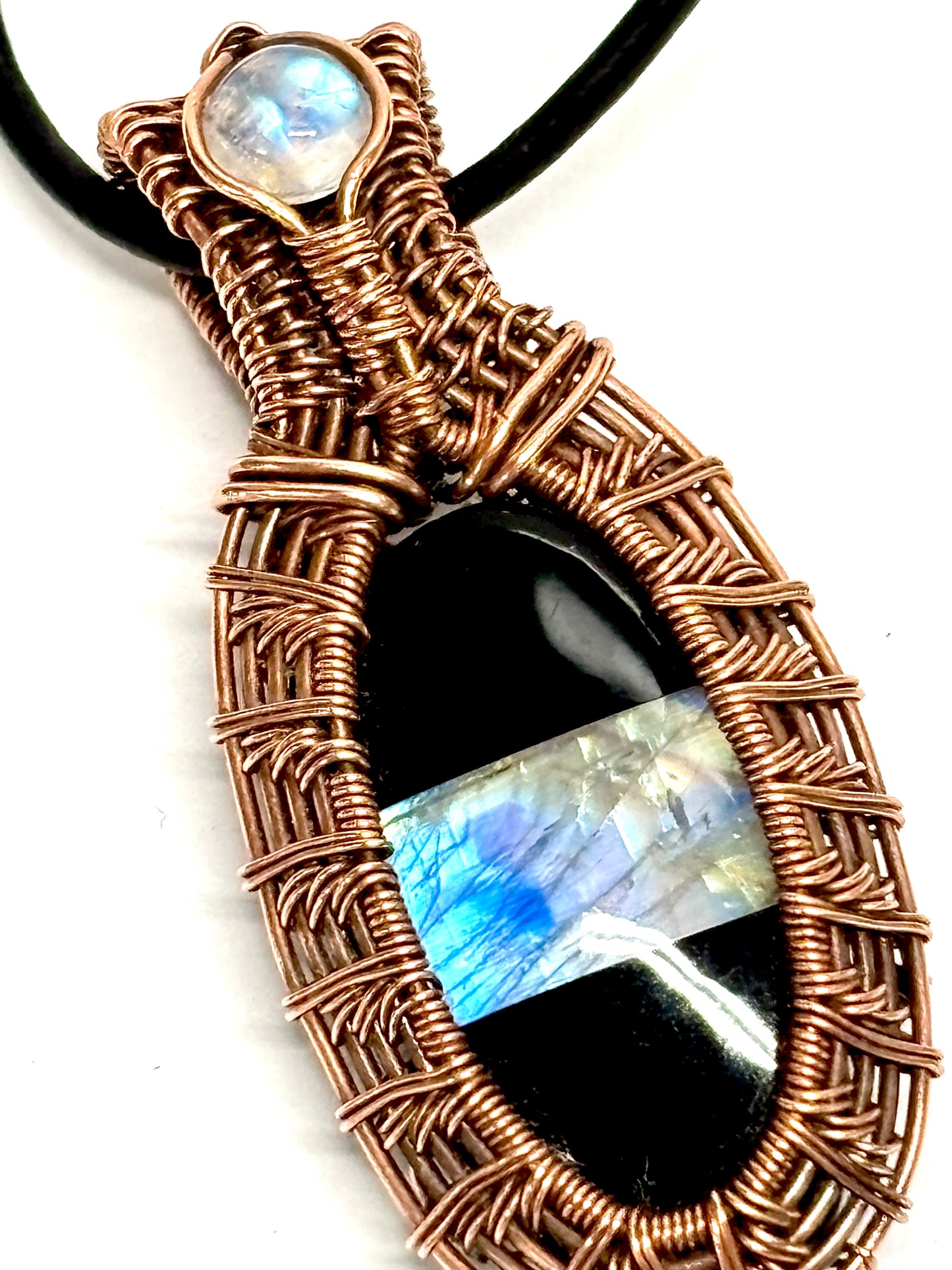 HANDMADE Moonstone Doublet Wire Wrap Copper Statement Pendant, Artisan Jewelry Gift For Her