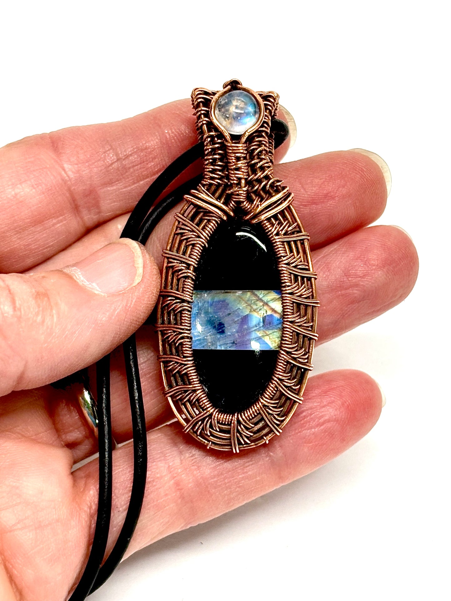 HANDMADE Moonstone Doublet Wire Wrap Copper Statement Pendant, Artisan Jewelry Gift For Her