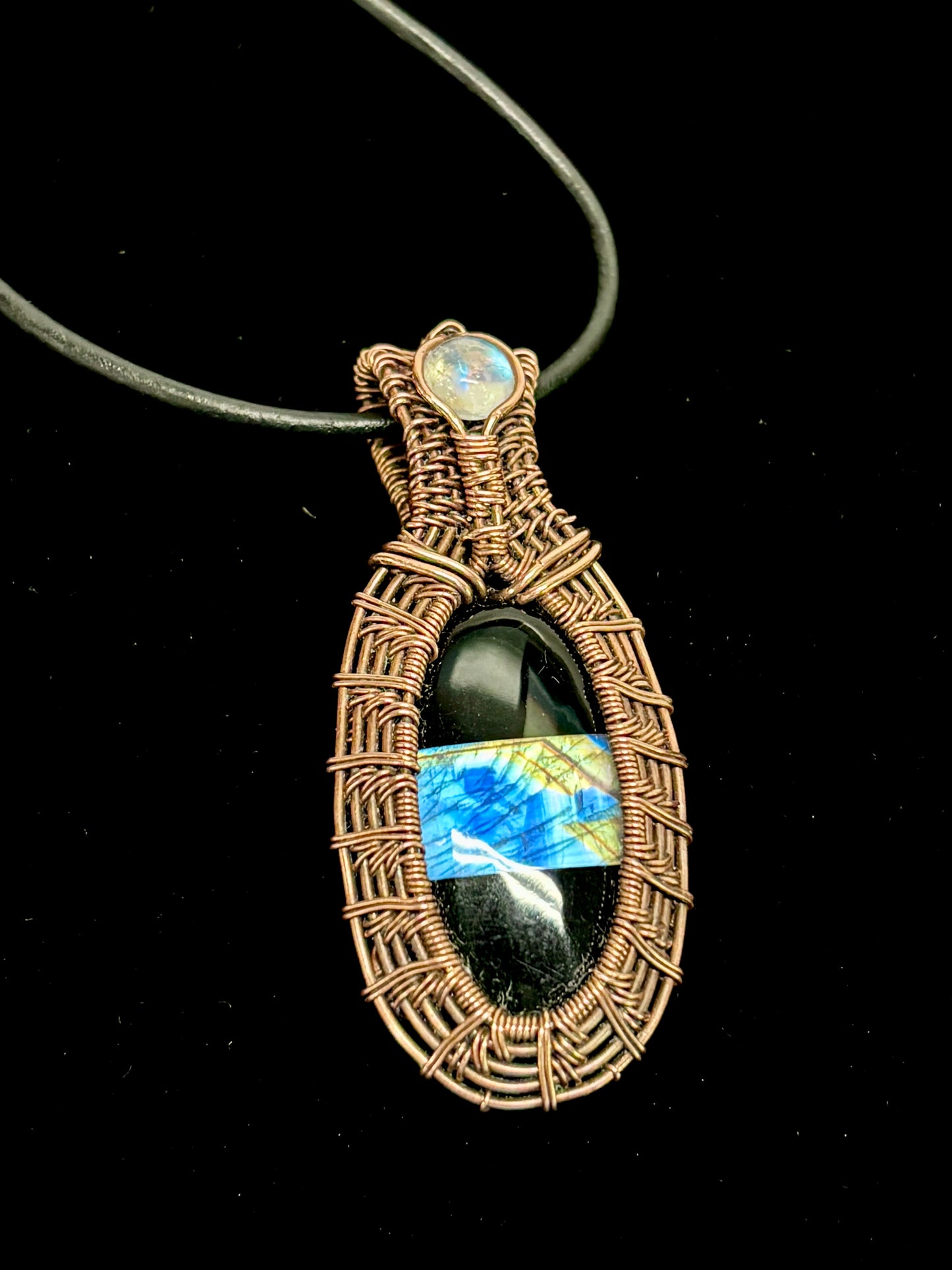 HANDMADE Moonstone Doublet Wire Wrap Copper Statement Pendant, Artisan Jewelry Gift For Her