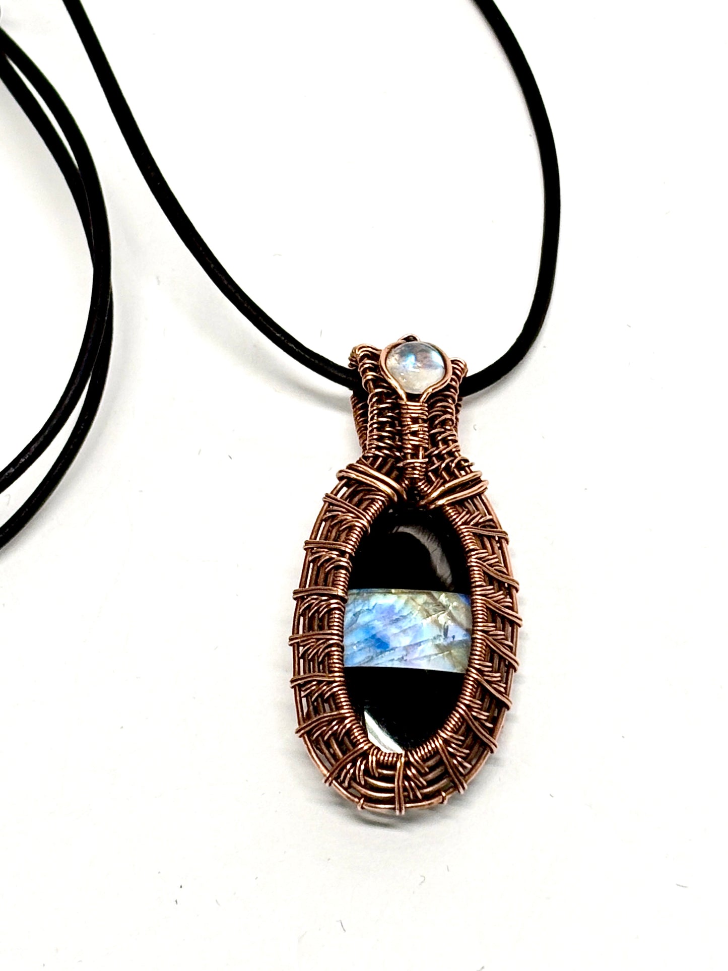 HANDMADE Moonstone Doublet Wire Wrap Copper Statement Pendant, Artisan Jewelry Gift For Her