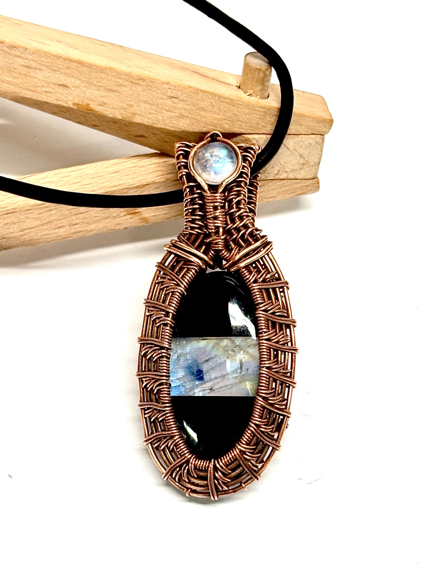 HANDMADE Moonstone Doublet Wire Wrap Copper Statement Pendant, Artisan Jewelry Gift For Her