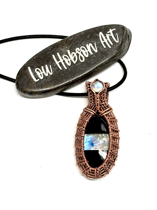 HANDMADE Moonstone Doublet Wire Wrap Copper Statement Pendant, Artisan Jewelry Gift For Her