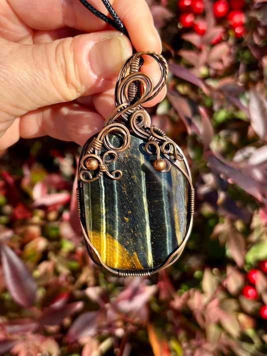 Blue Tiger Eye and Copper Pendant