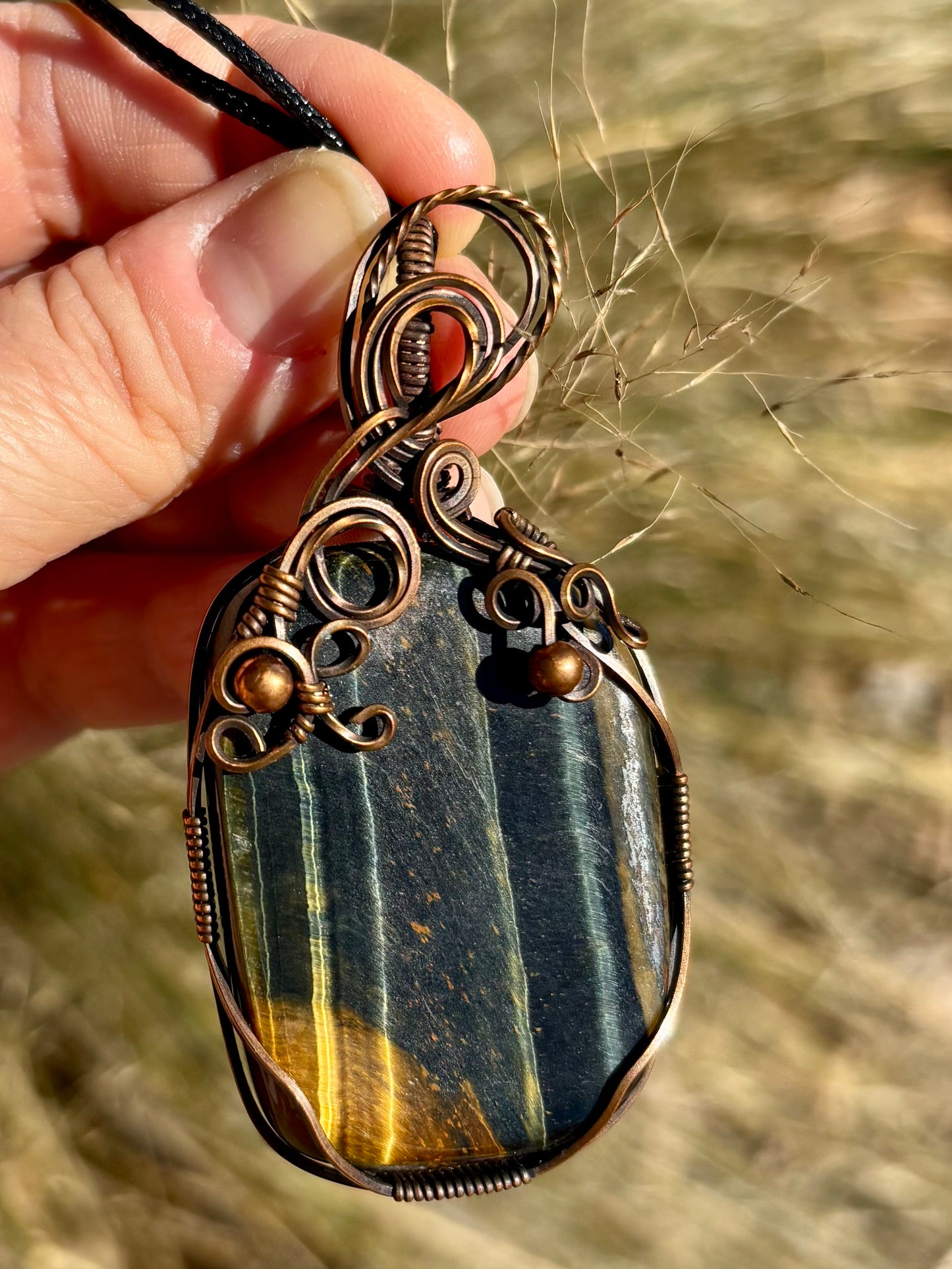 Blue Tiger Eye and Copper Pendant