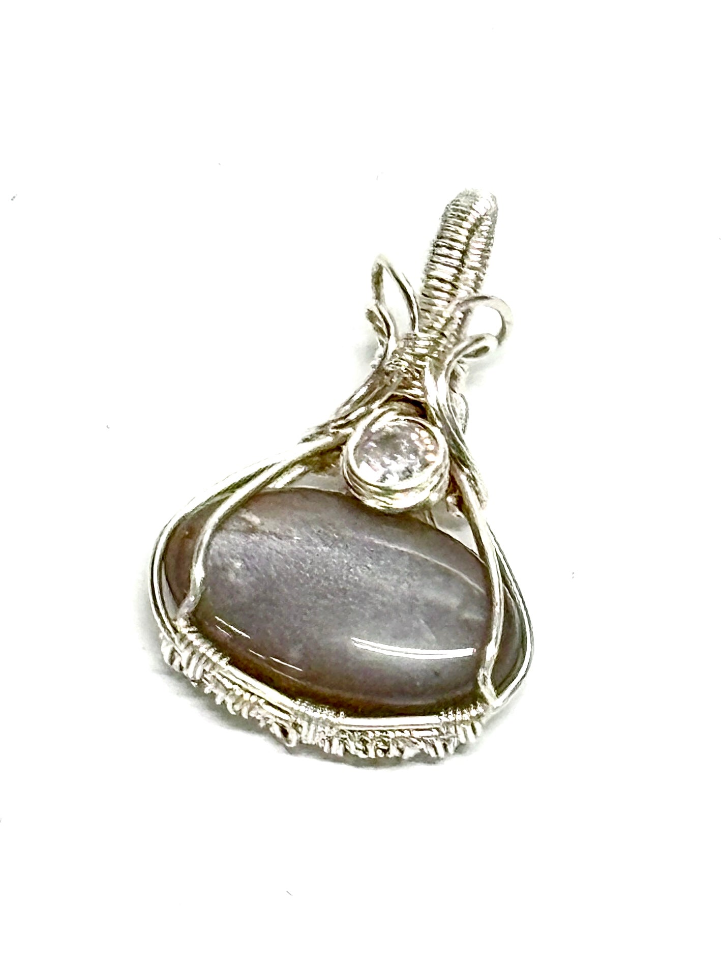 HANDMADE Gray Moonstone and Cubic Zirconia Wire Wrapped Elegant Pendant, Artisan Jewelry Gift for Her