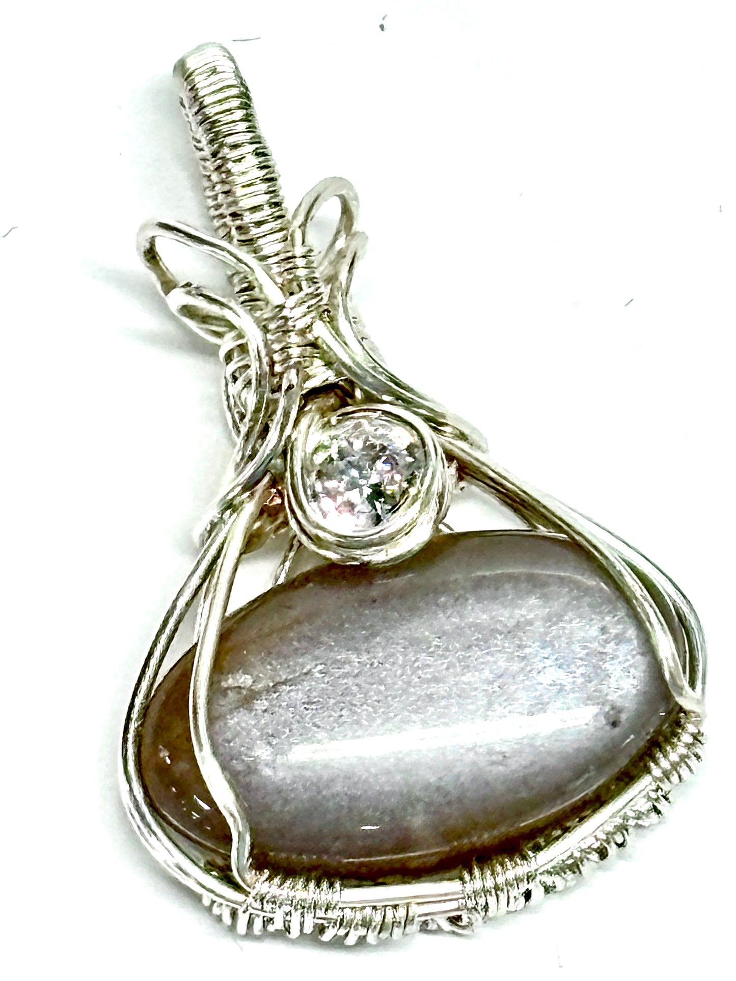 HANDMADE Gray Moonstone and Cubic Zirconia Wire Wrapped Elegant Pendant, Artisan Jewelry Gift for Her
