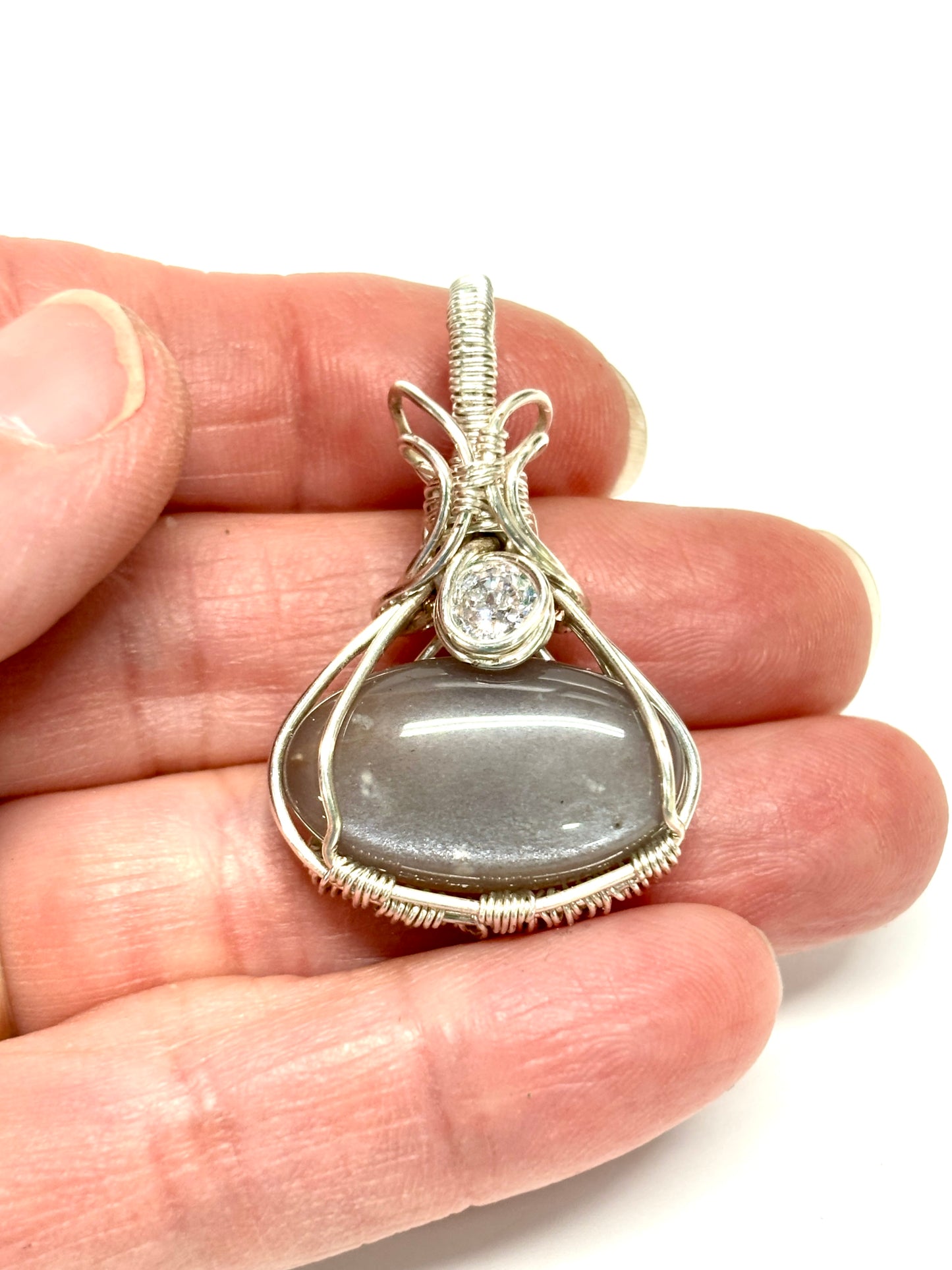 HANDMADE Gray Moonstone and Cubic Zirconia Wire Wrapped Elegant Pendant, Artisan Jewelry Gift for Her