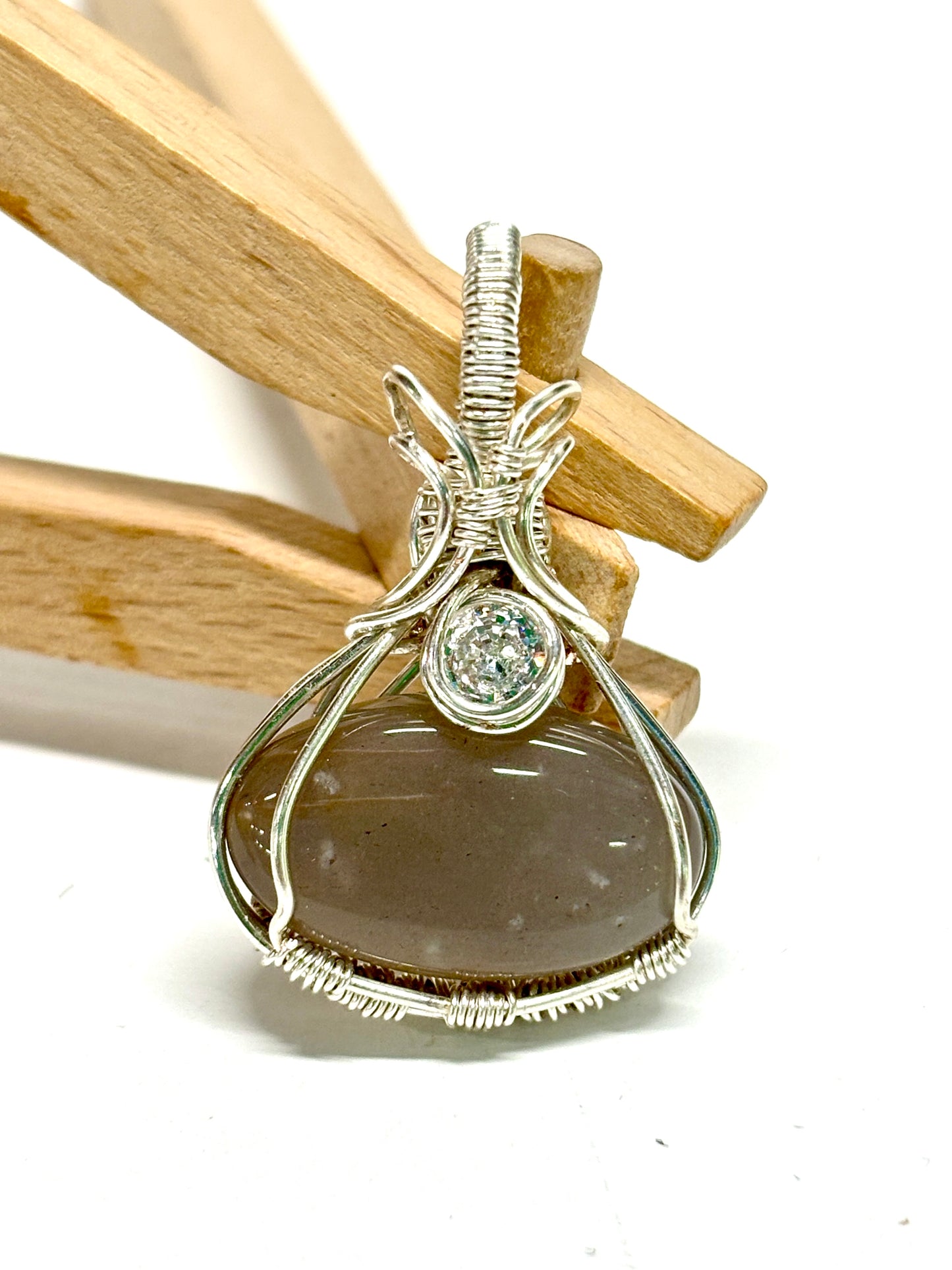 HANDMADE Gray Moonstone and Cubic Zirconia Wire Wrapped Elegant Pendant, Artisan Jewelry Gift for Her