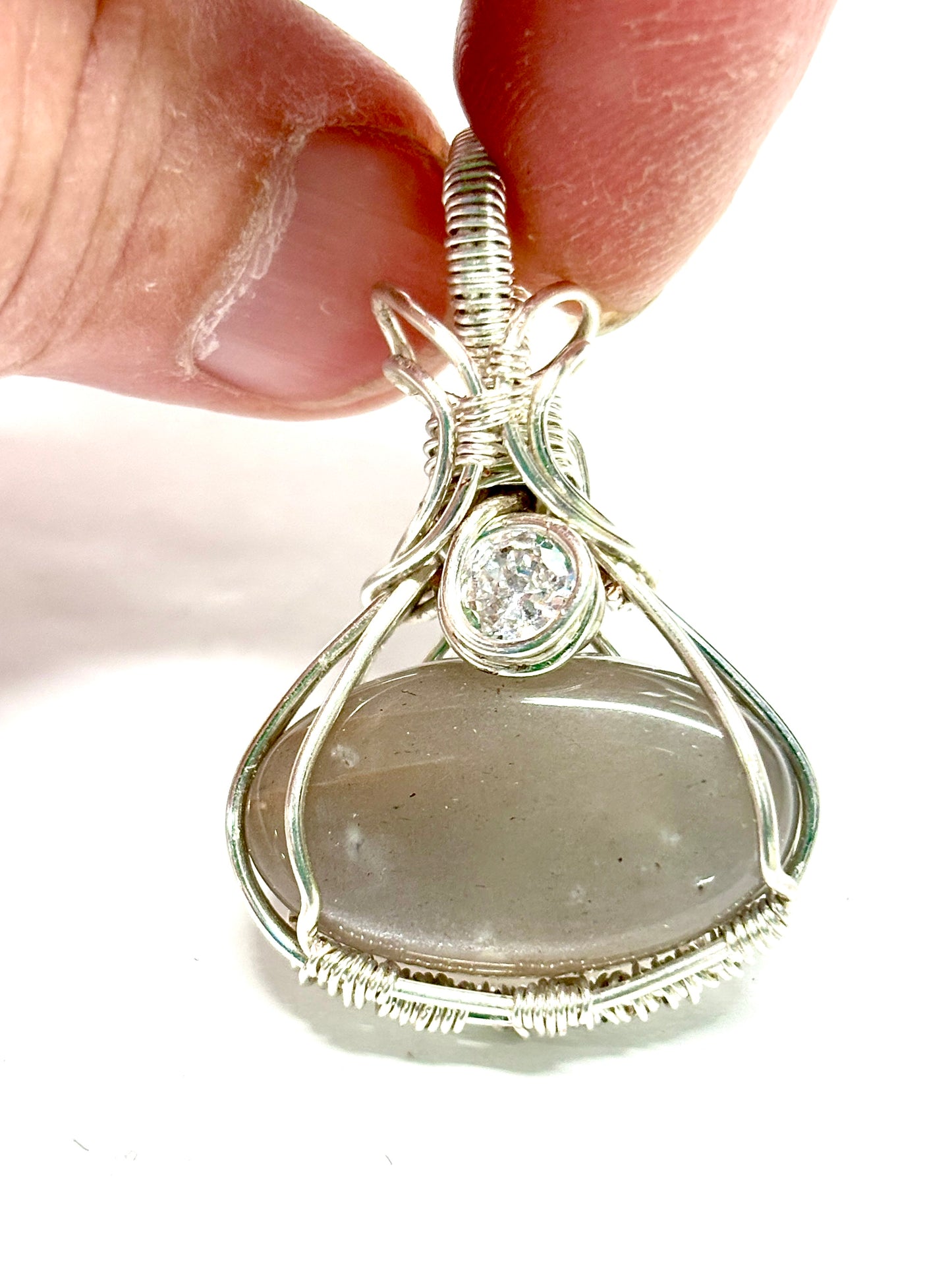 HANDMADE Gray Moonstone and Cubic Zirconia Wire Wrapped Elegant Pendant, Artisan Jewelry Gift for Her