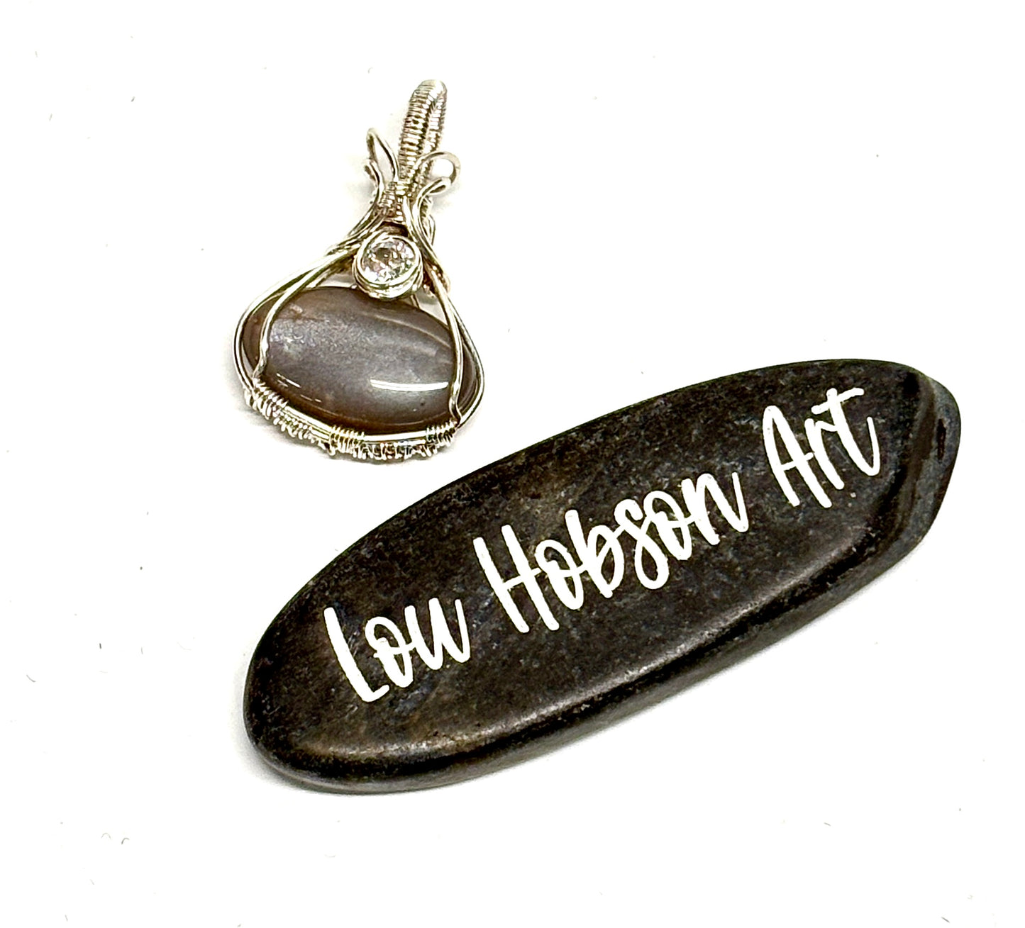 HANDMADE Gray Moonstone and Cubic Zirconia Wire Wrapped Elegant Pendant, Artisan Jewelry Gift for Her